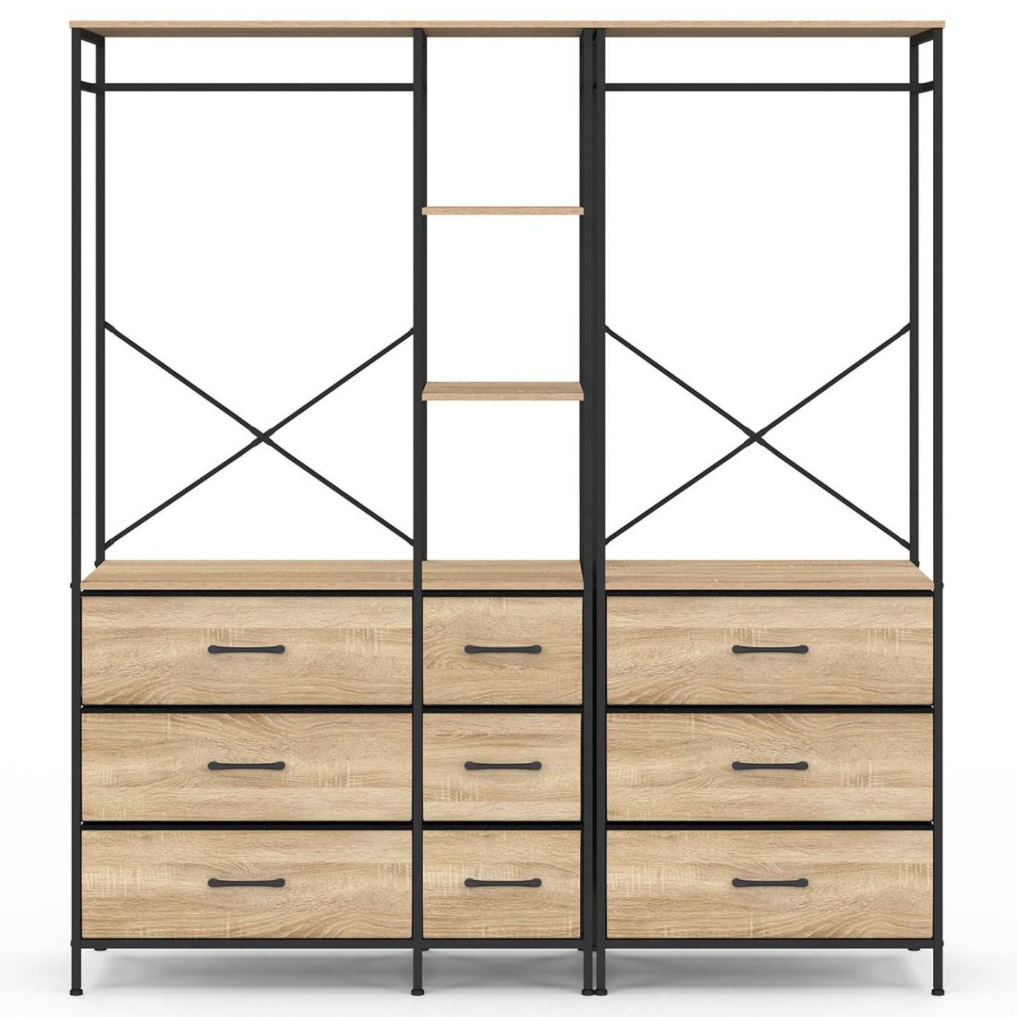 Dressing penderie modulable L. 150 cm UTAH XXL avec 3 étagères et 9 bacs en tissu bois et noir - Image 3