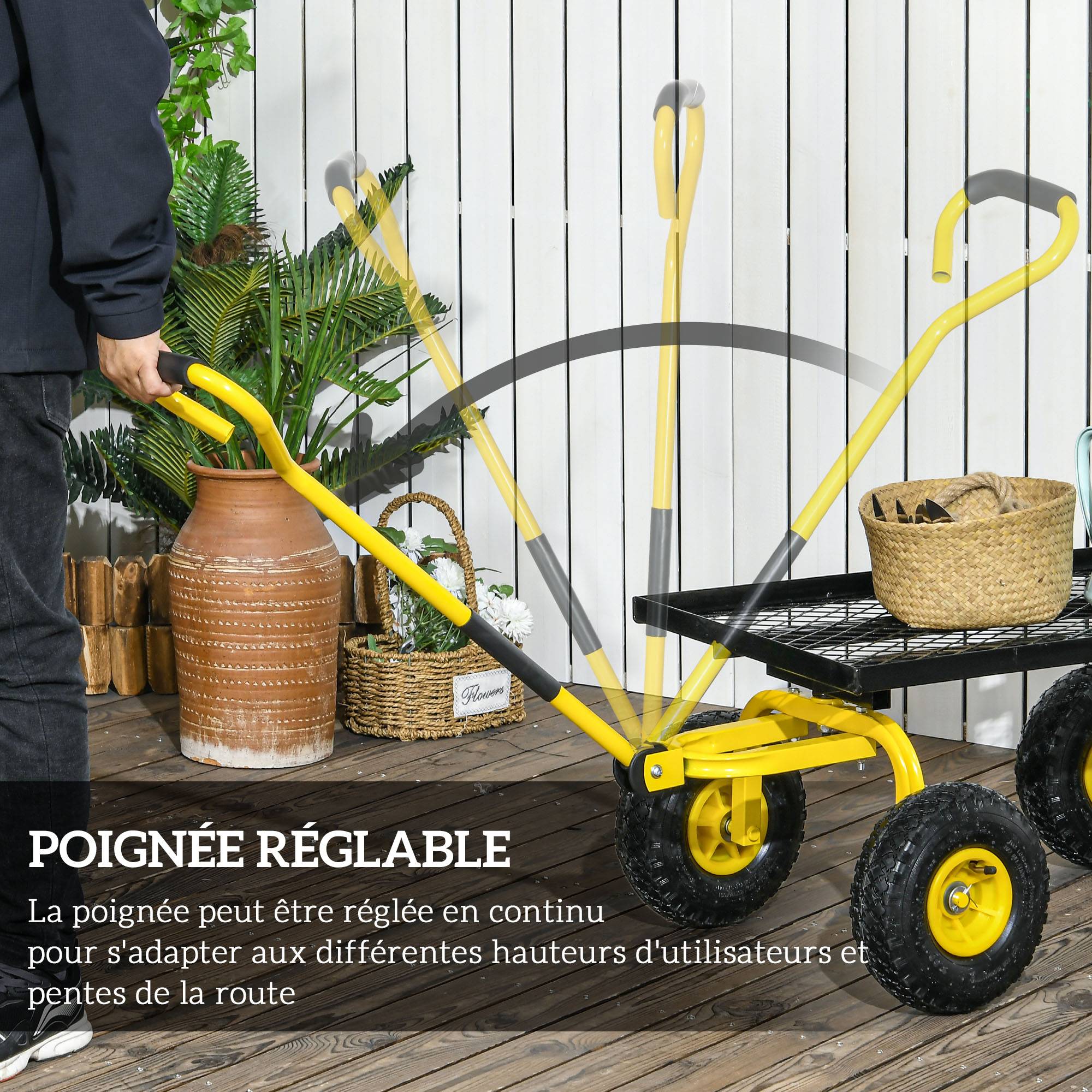 Chariot de jardin acier jaune 94 x 48.5 x 100 cm - PANGIVO - Image 6