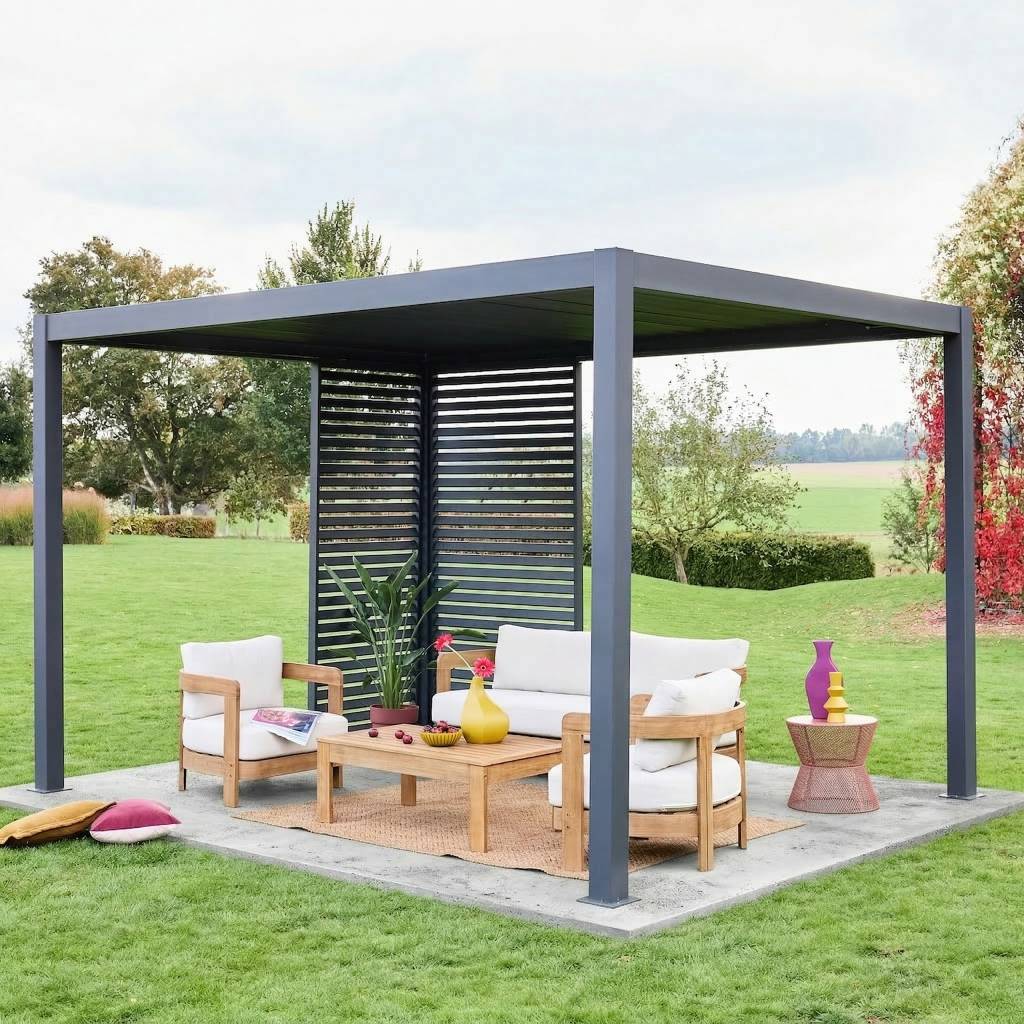 sweeek - Pergola bioclimatique aluminium 4x3m anthracite + 1 persienne 100cm + 1 persienne 130cm Triomphe | sweeek