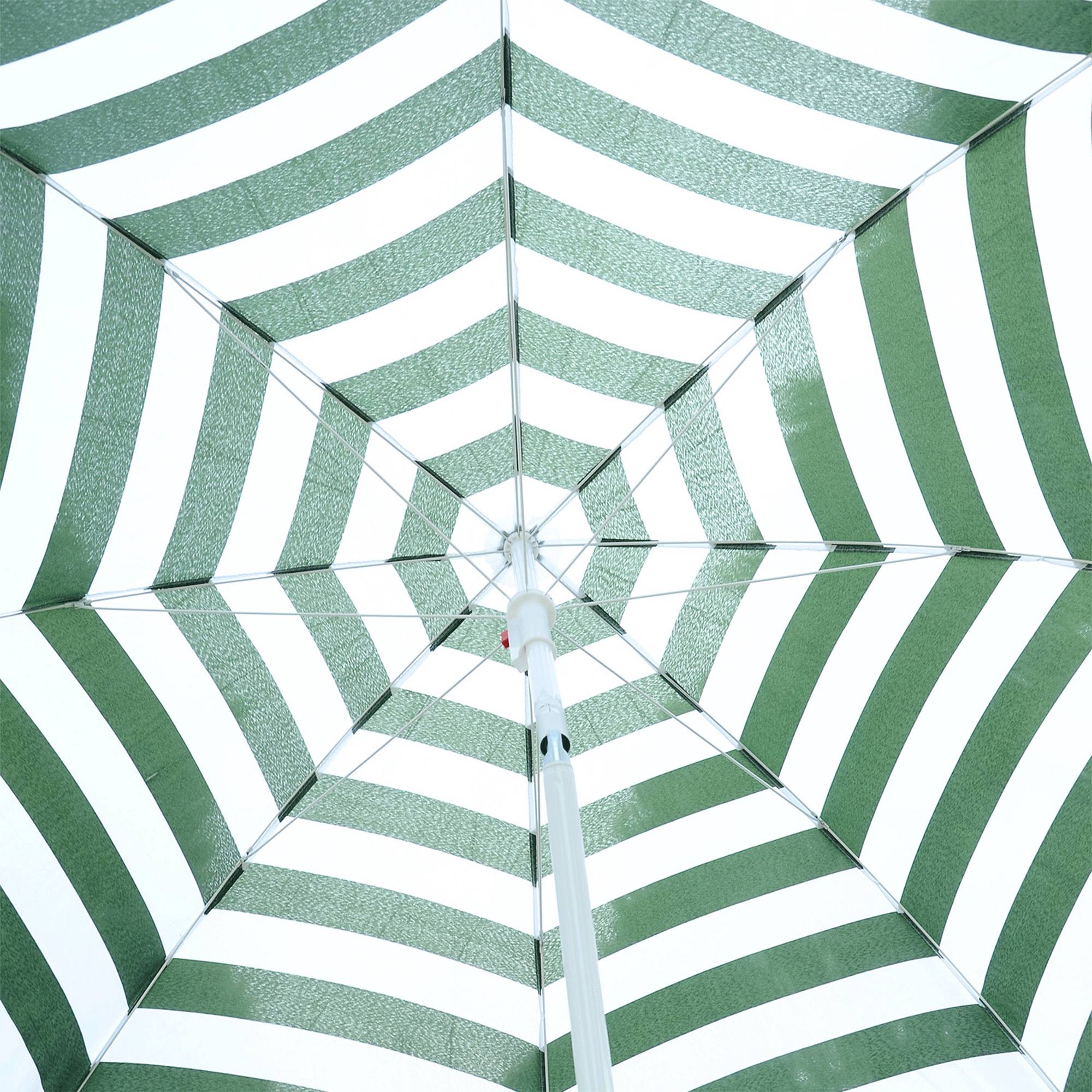 Parasol de plage Ø180 cm avec toit inclinable et mât en métal, protection solaire pour jardin, terrasse, extérieur, rayures vertes et blanches - Image 9