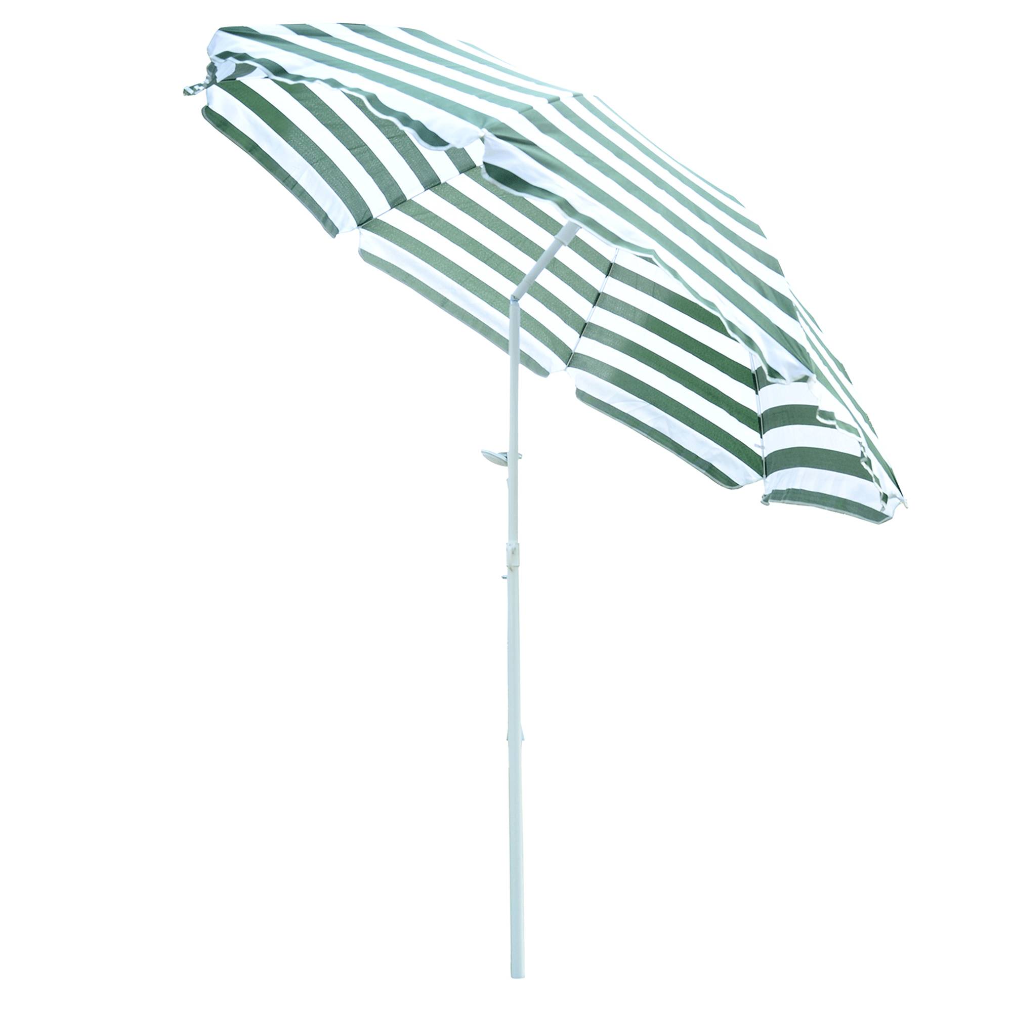 Parasol de plage Ø180 cm avec toit inclinable et mât en métal, protection solaire pour jardin, terrasse, extérieur, rayures vertes et blanches - Image 1