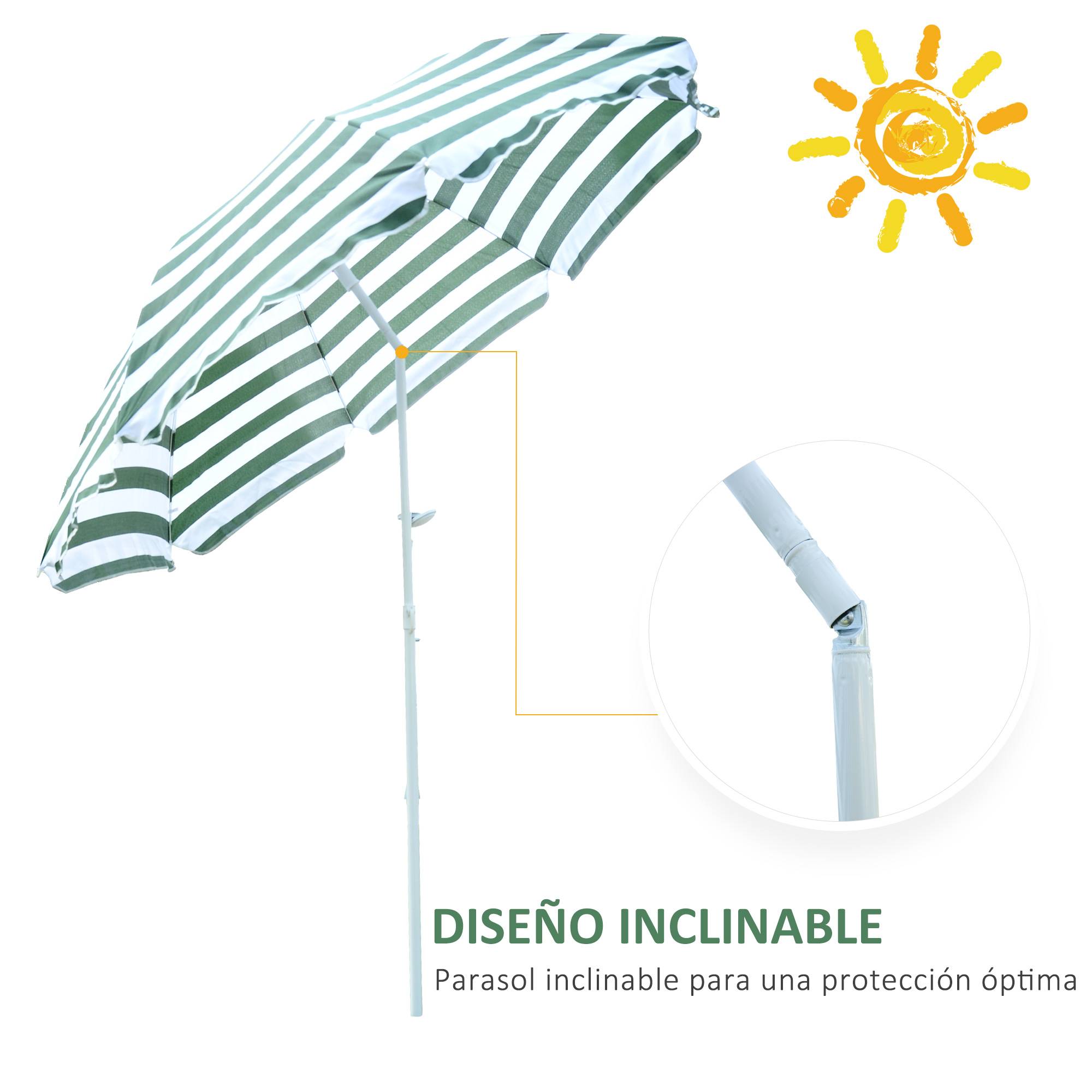 Parasol de plage Ø180 cm avec toit inclinable et mât en métal, protection solaire pour jardin, terrasse, extérieur, rayures vertes et blanches - Image 7