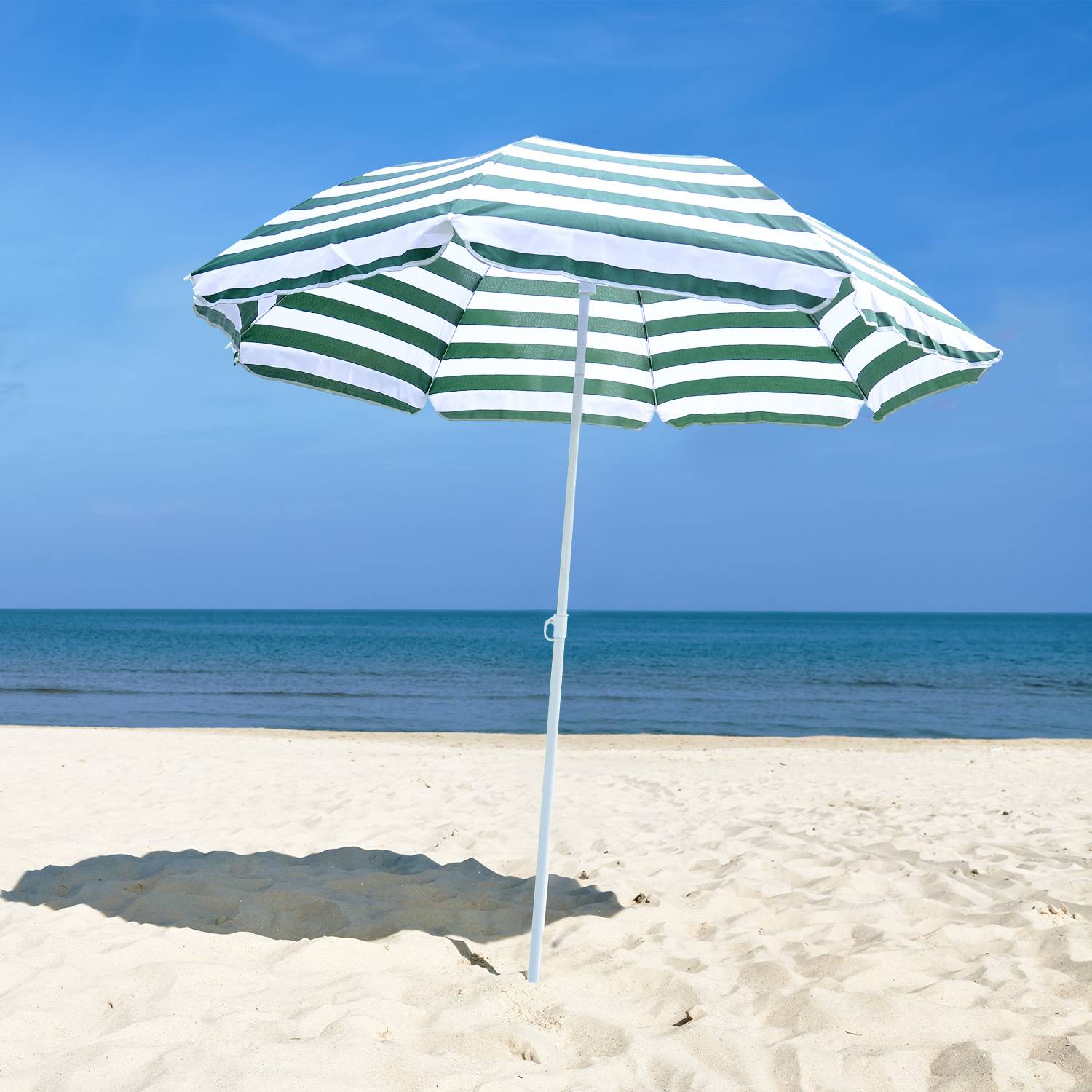 Parasol de plage Ø180 cm avec toit inclinable et mât en métal, protection solaire pour jardin, terrasse, extérieur, rayures vertes et blanches - Image 4