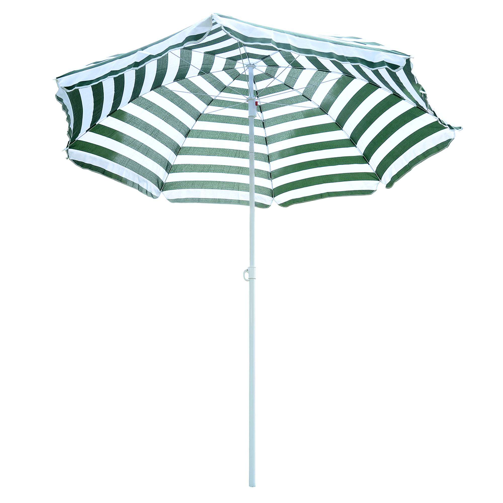 Parasol de plage Ø180 cm avec toit inclinable et mât en métal, protection solaire pour jardin, terrasse, extérieur, rayures vertes et blanches - Image 2