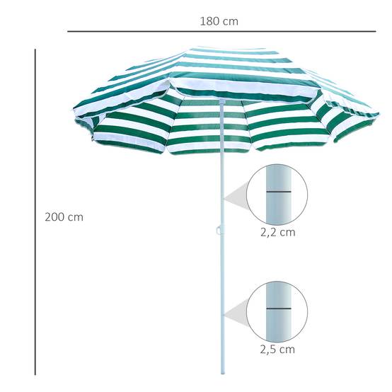 Parasol de plage Ø180 cm avec toit inclinable et mât en métal, protection solaire pour jardin, terrasse, extérieur, rayures vertes et blanches - Image 5