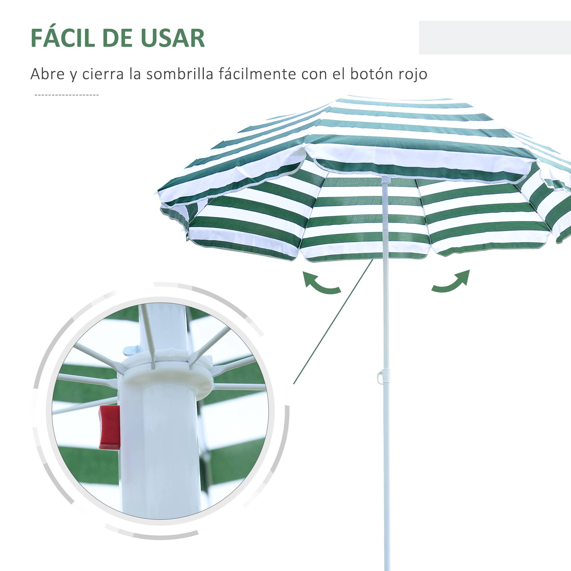 Parasol de plage Ø180 cm avec toit inclinable et mât en métal, protection solaire pour jardin, terrasse, extérieur, rayures vertes et blanches - Image 6