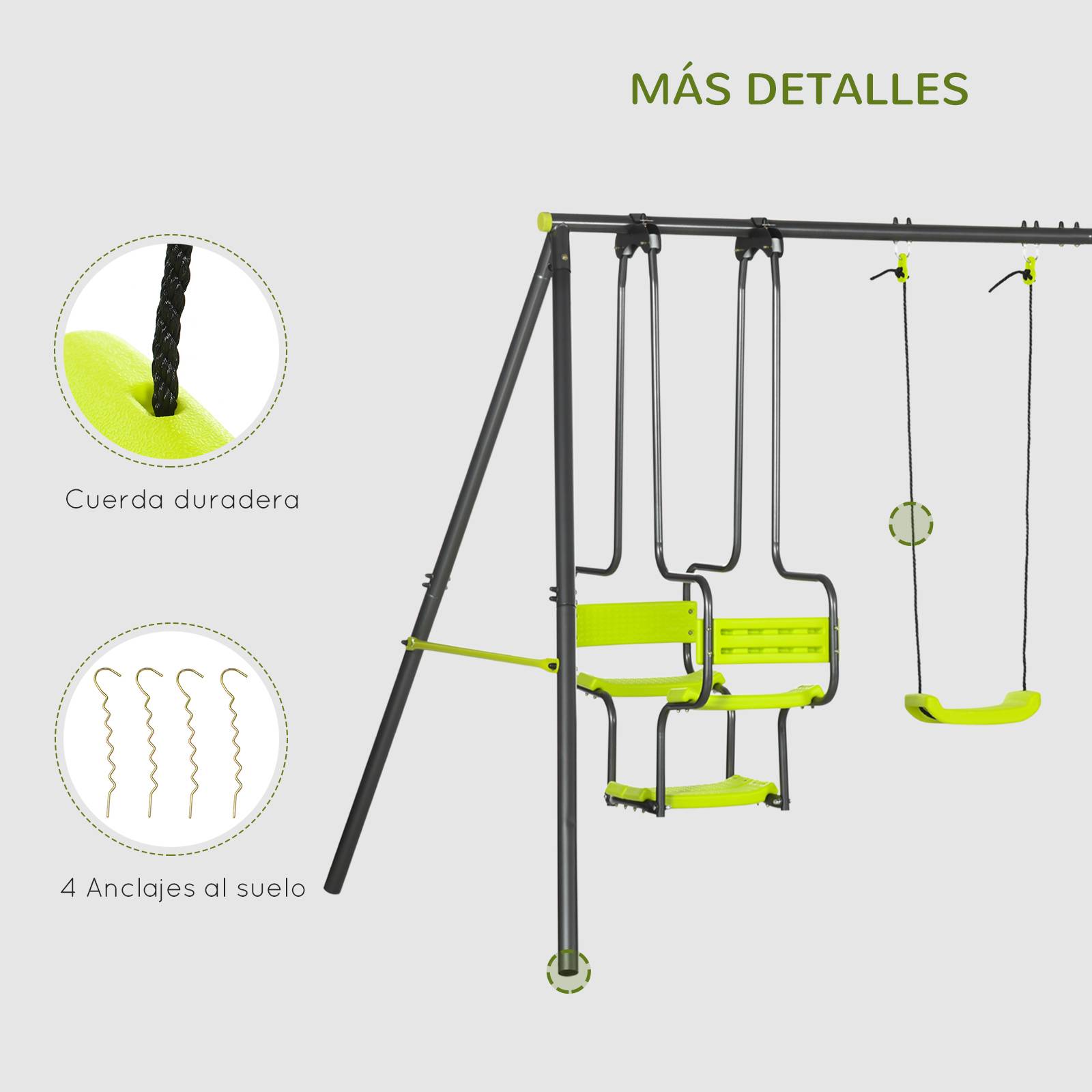 Balançoire d'extérieur pour enfants, 6 places, structure en acier, à partir de 3 ans, 355 x 184 x 186 cm, verte - Image 9