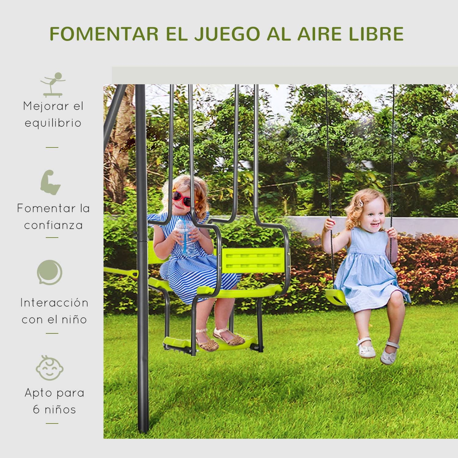 Balançoire d'extérieur pour enfants, 6 places, structure en acier, à partir de 3 ans, 355 x 184 x 186 cm, verte - Image 7