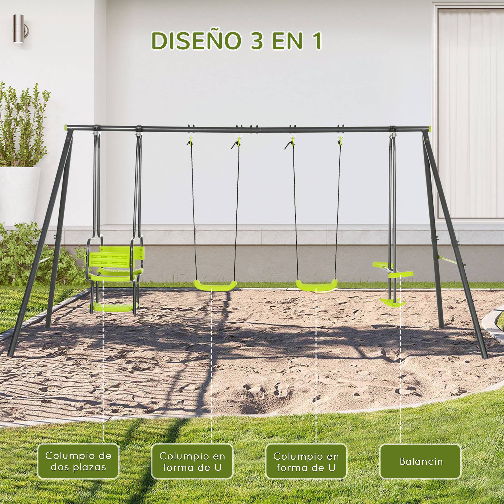 Balançoire d'extérieur pour enfants, 6 places, structure en acier, à partir de 3 ans, 355 x 184 x 186 cm, verte - Image 6