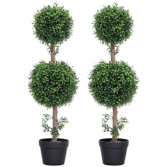 Lot de 2 Buis Artificiels Double Boule PE Pot Lesté Extérieur Anti UV Vert 92cm - ComfortXL Outdoor Living - Image 1