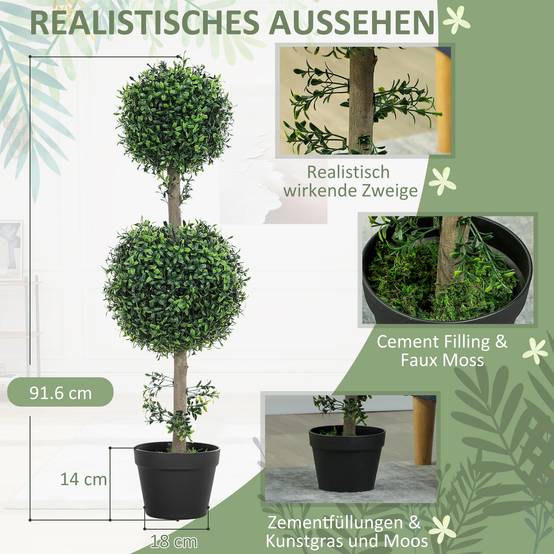 Lot de 2 Buis Artificiels Double Boule PE Pot Lesté Extérieur Anti UV Vert 92cm - ComfortXL Outdoor Living - Image 6
