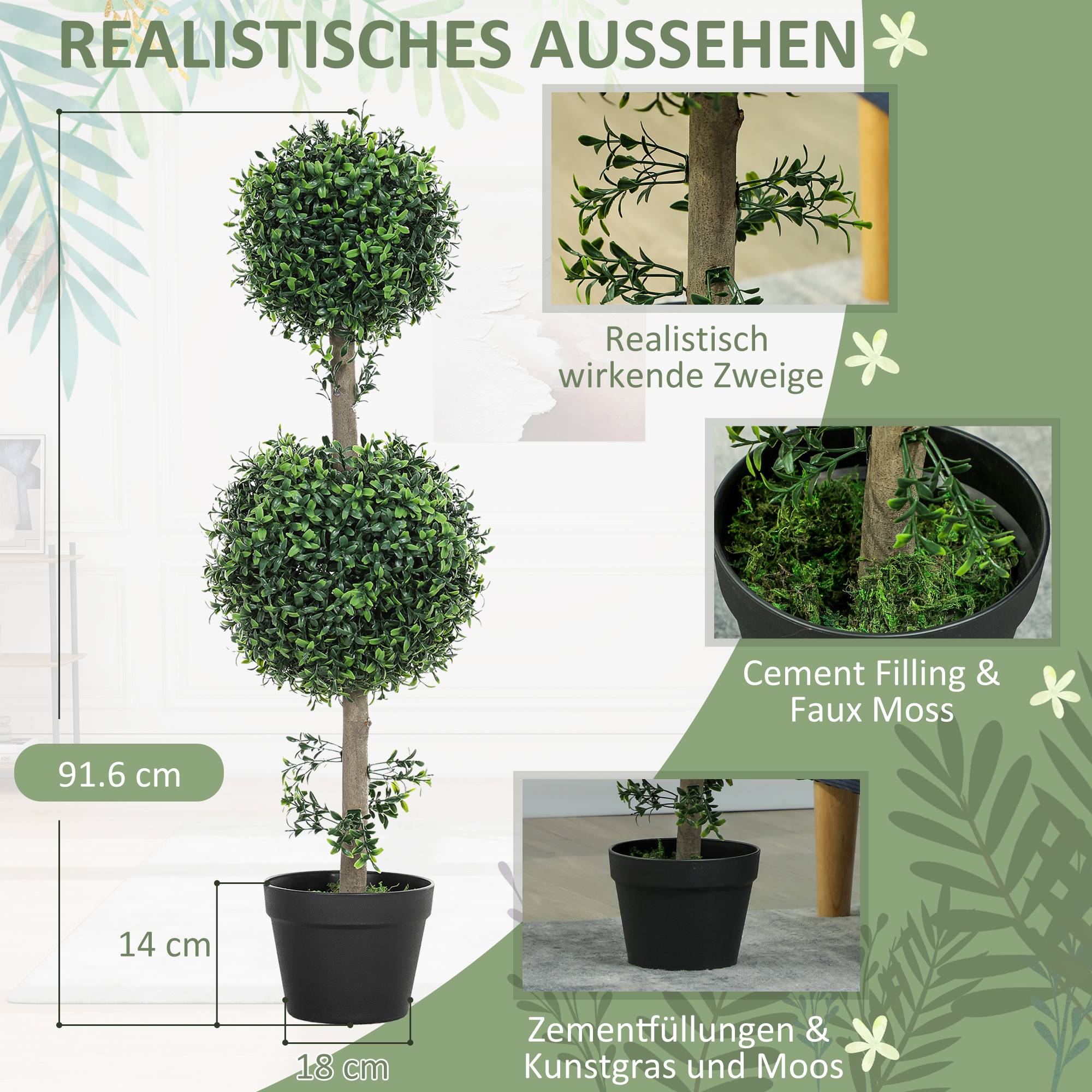 Lot de 2 Buis Artificiels Double Boule PE Pot Lesté Extérieur Anti UV Vert 92cm - ComfortXL Outdoor Living - Image 6