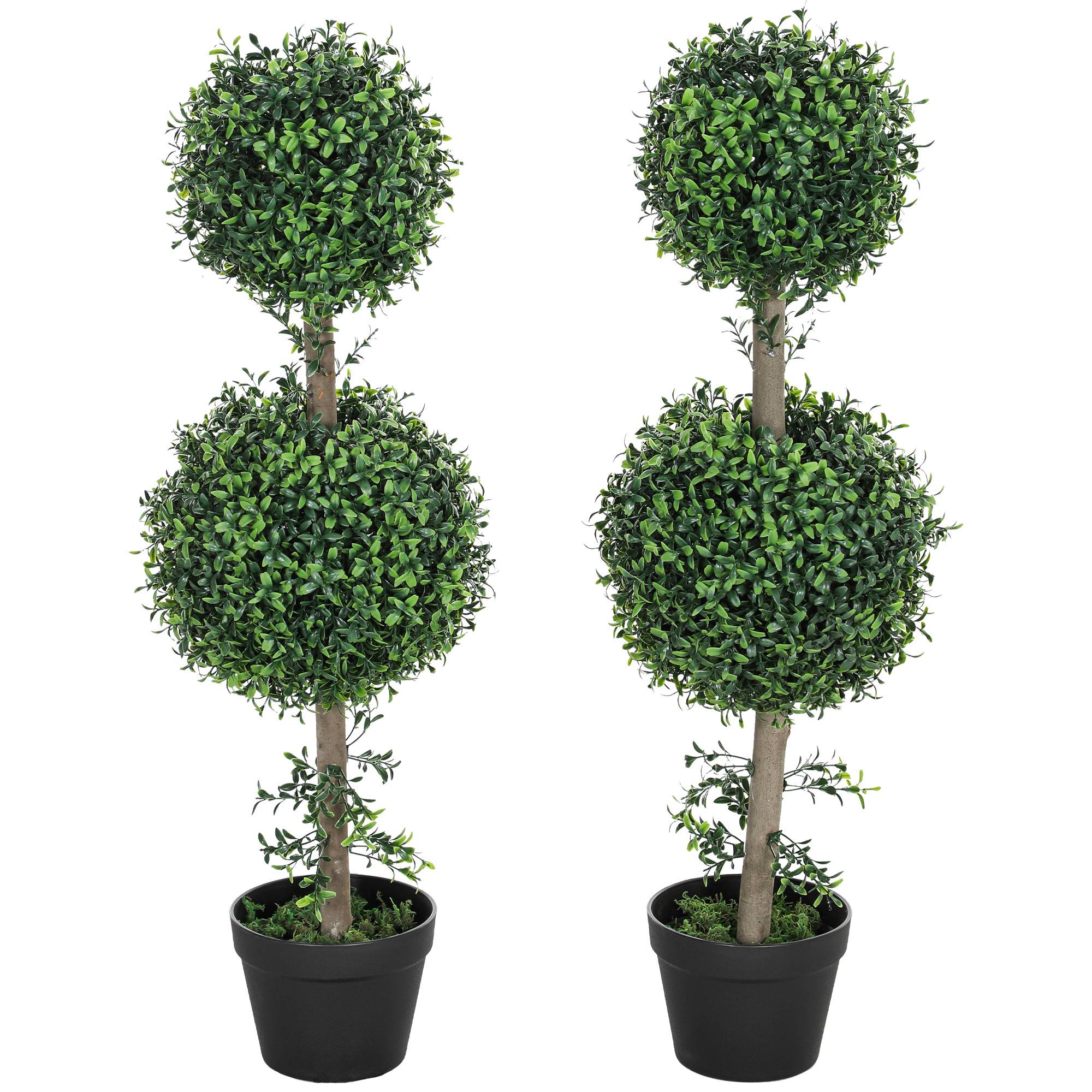 Lot de 2 Buis Artificiels Double Boule PE Pot Lesté Extérieur Anti UV Vert 92cm - ComfortXL Outdoor Living - Image 2