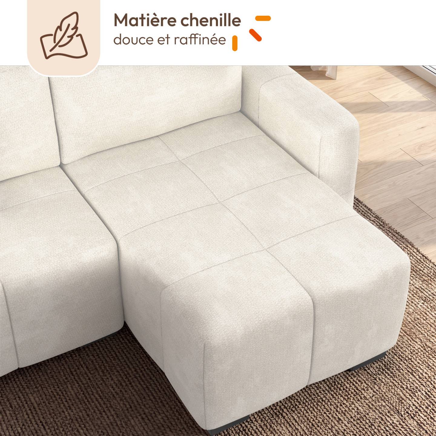 IDMARKET - Canapé d'angle convertible 4 places NUAGE 240 cm avec coffre de rangement en tissu chenille crème - Image 8