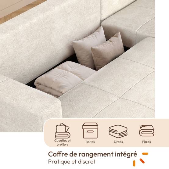 IDMARKET - Canapé d'angle convertible 4 places NUAGE 240 cm avec coffre de rangement en tissu chenille crème - Image 6