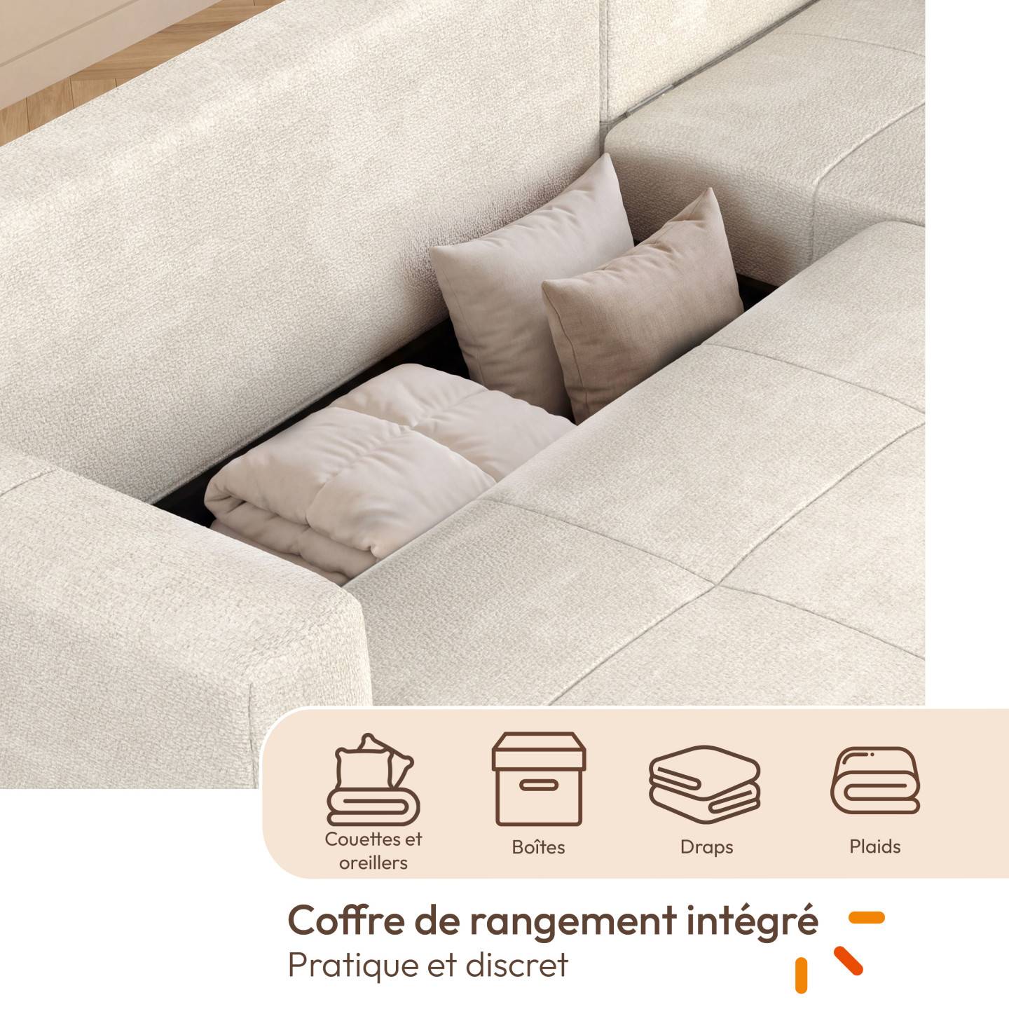 IDMARKET - Canapé d'angle convertible 4 places NUAGE 240 cm avec coffre de rangement en tissu chenille crème - Image 6