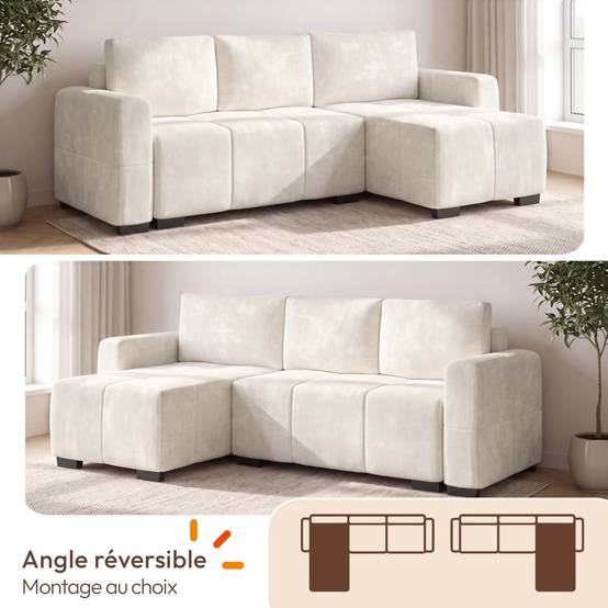 IDMARKET - Canapé d'angle convertible 4 places NUAGE 240 cm avec coffre de rangement en tissu chenille crème - Image 3