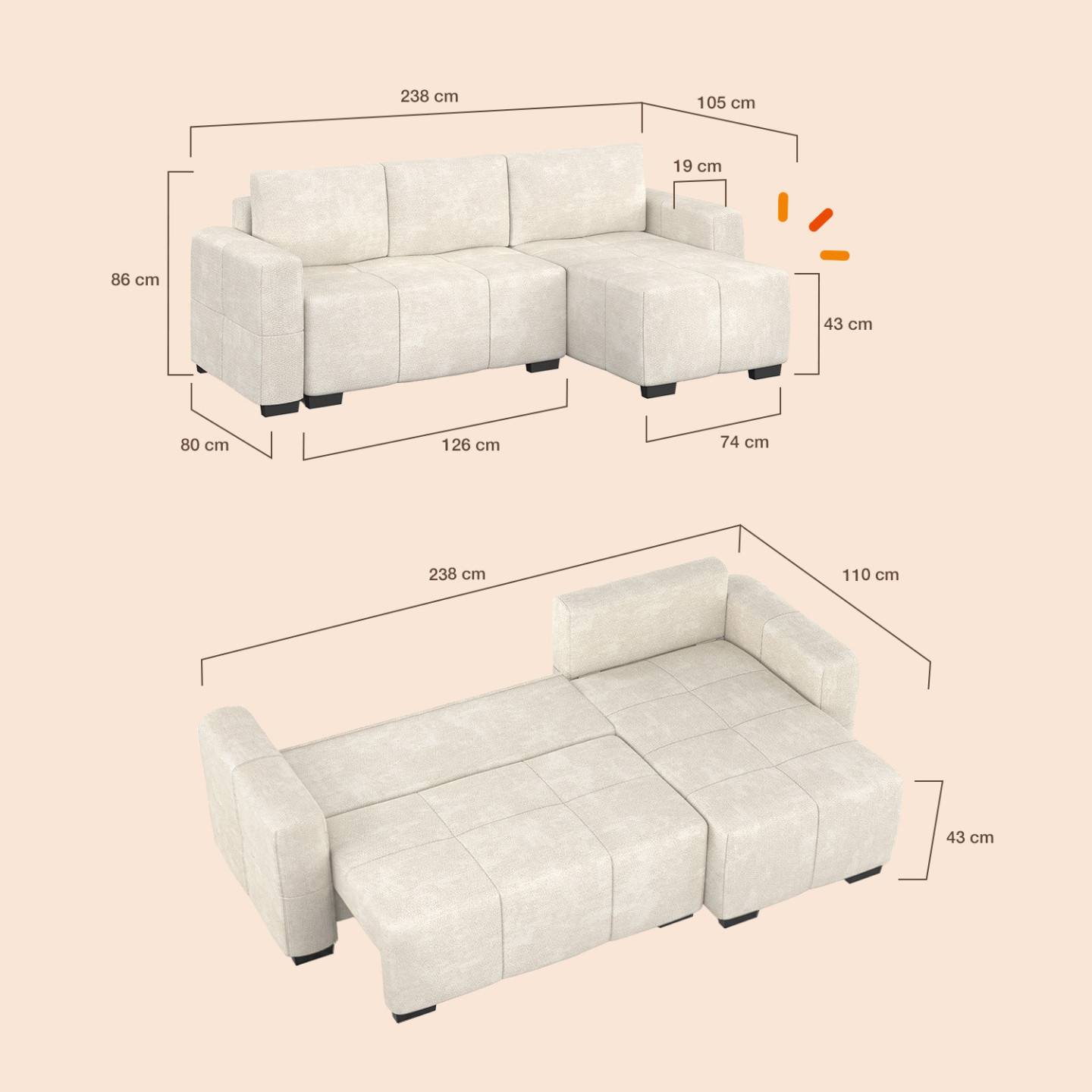 IDMARKET - Canapé d'angle convertible 4 places NUAGE 240 cm avec coffre de rangement en tissu chenille crème - Image 5