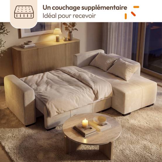 IDMARKET - Canapé d'angle convertible 4 places NUAGE 240 cm avec coffre de rangement en tissu chenille crème - Image 7