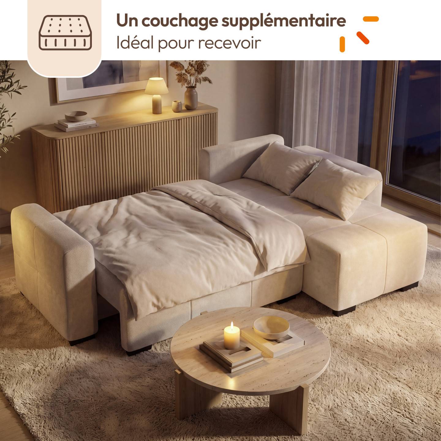 IDMARKET - Canapé d'angle convertible 4 places NUAGE 240 cm avec coffre de rangement en tissu chenille crème - Image 7
