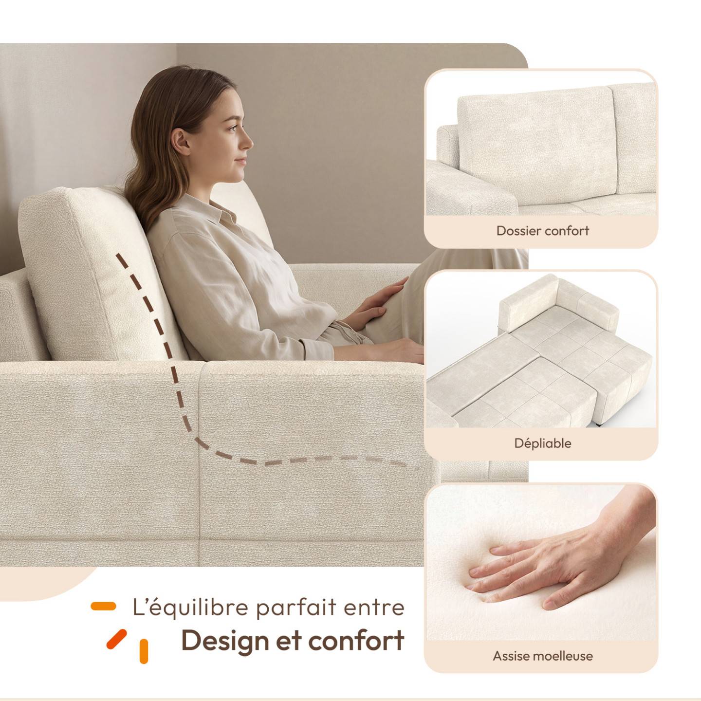 IDMARKET - Canapé d'angle convertible 4 places NUAGE 240 cm avec coffre de rangement en tissu chenille crème - Image 4