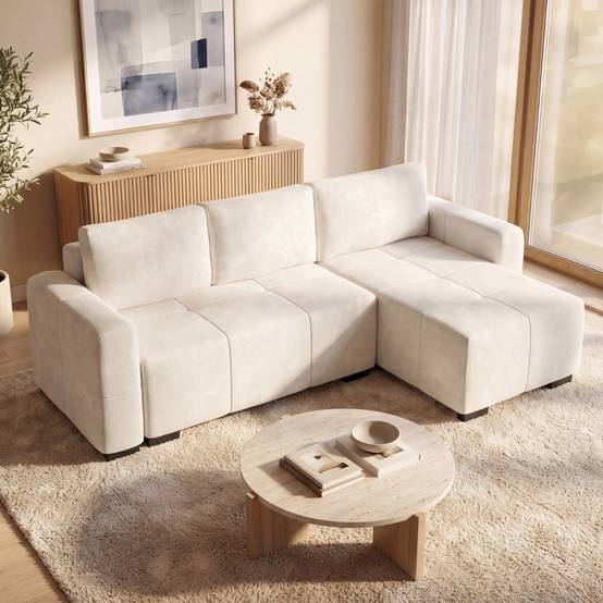 IDMARKET - Canapé d'angle convertible 4 places NUAGE 240 cm avec coffre de rangement en tissu chenille crème - Image 1