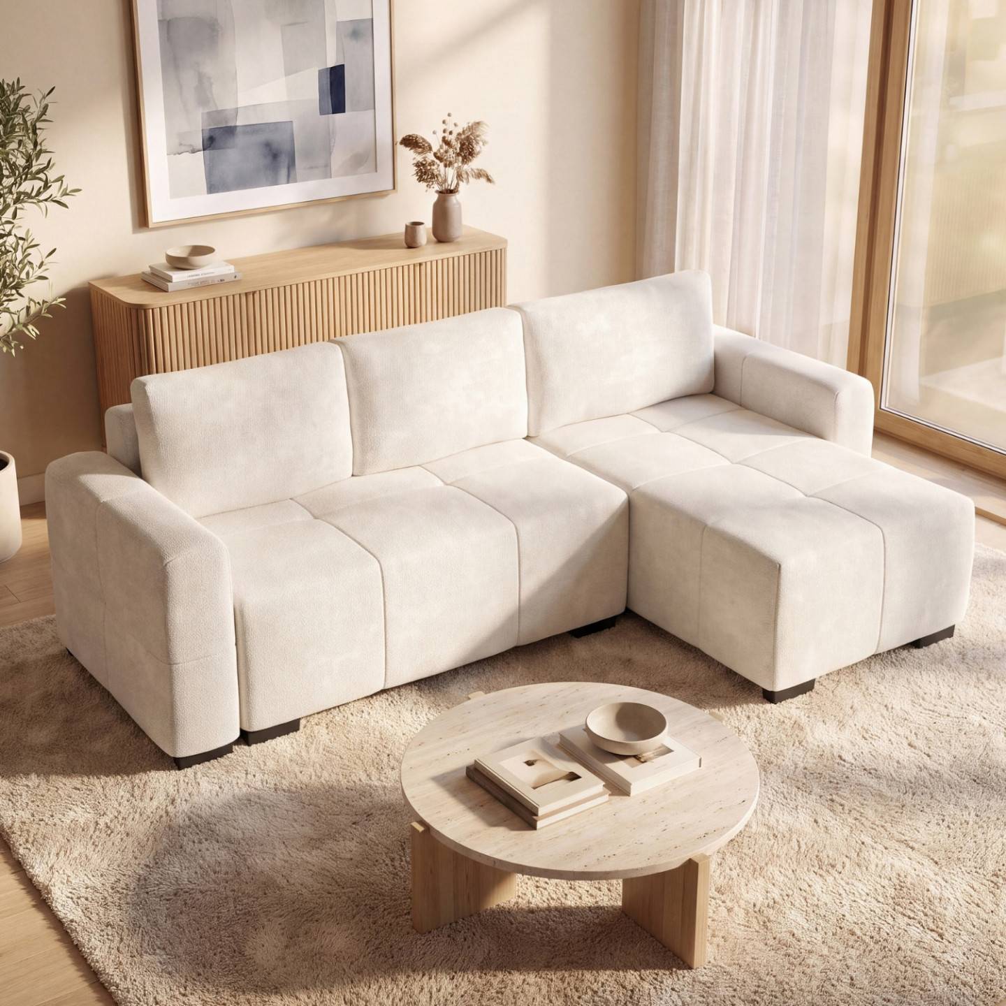 IDMARKET - Canapé d'angle convertible 4 places NUAGE 240 cm avec coffre de rangement en tissu chenille crème - Image 1