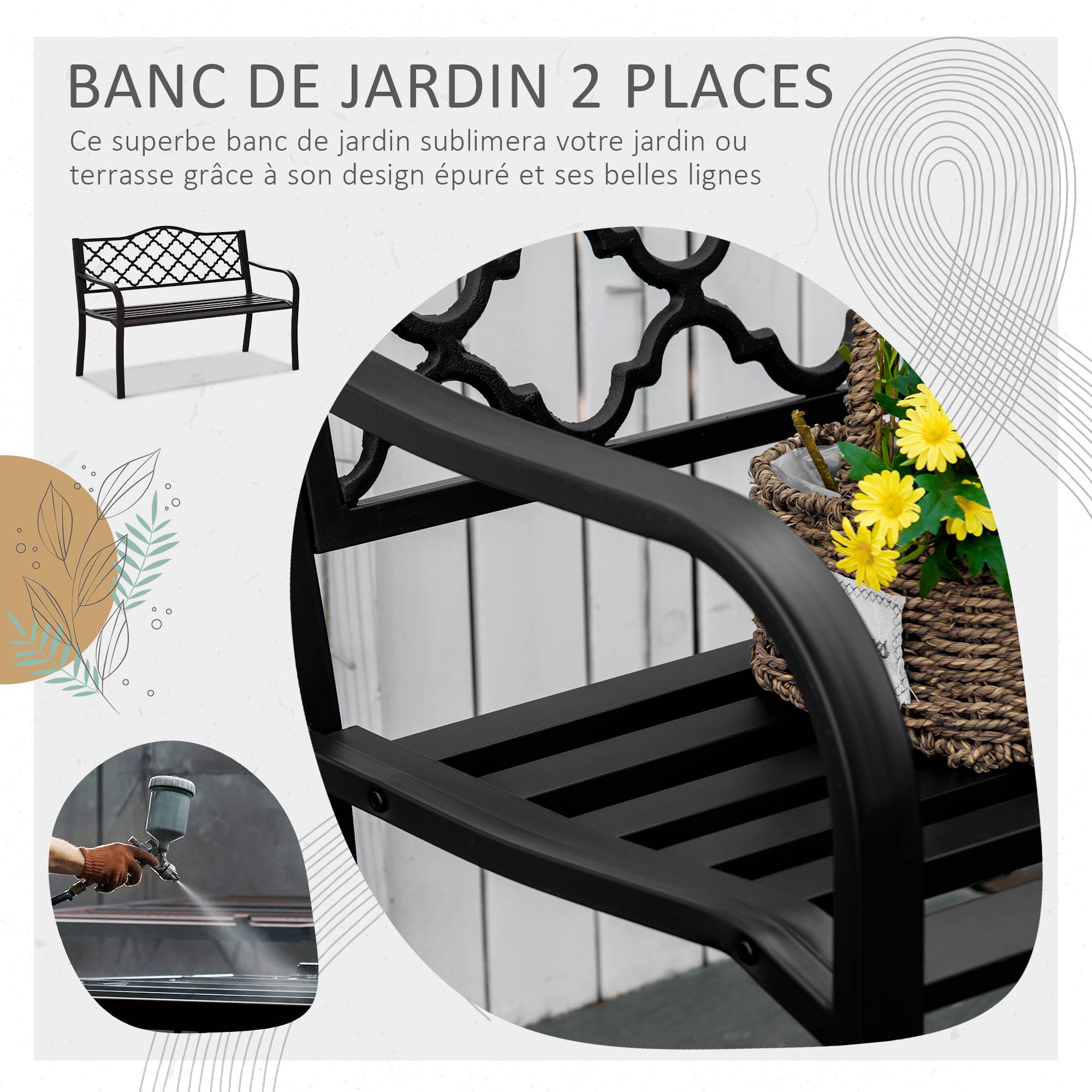 Banc 3 Places de Jardin terrasse Style Rural Chic 128L x 60l x 89H cm métal époxy anticorrosion Fonte Brun - Image 6