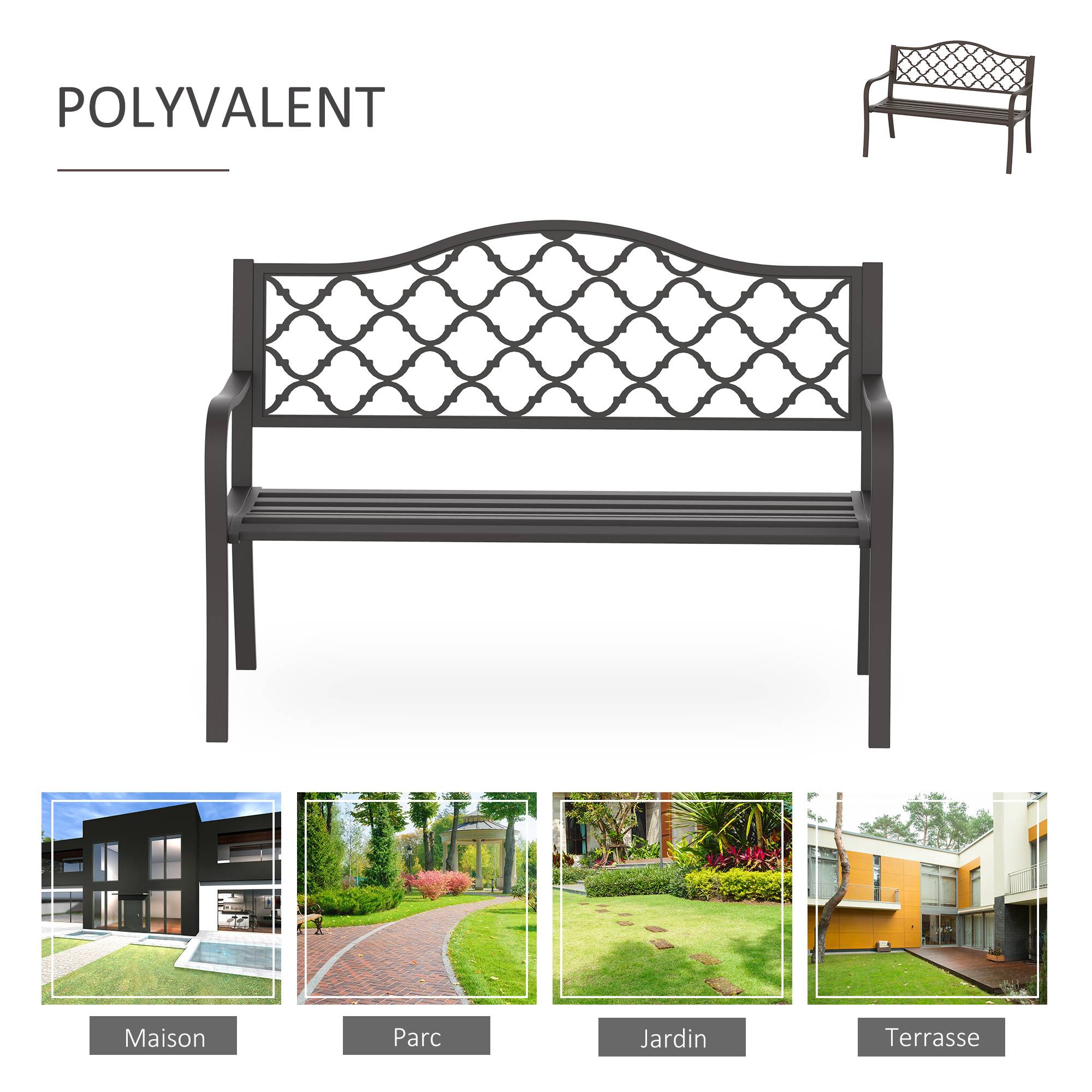 Banc 3 Places de Jardin terrasse Style Rural Chic 128L x 60l x 89H cm métal époxy anticorrosion Fonte Brun - Image 8