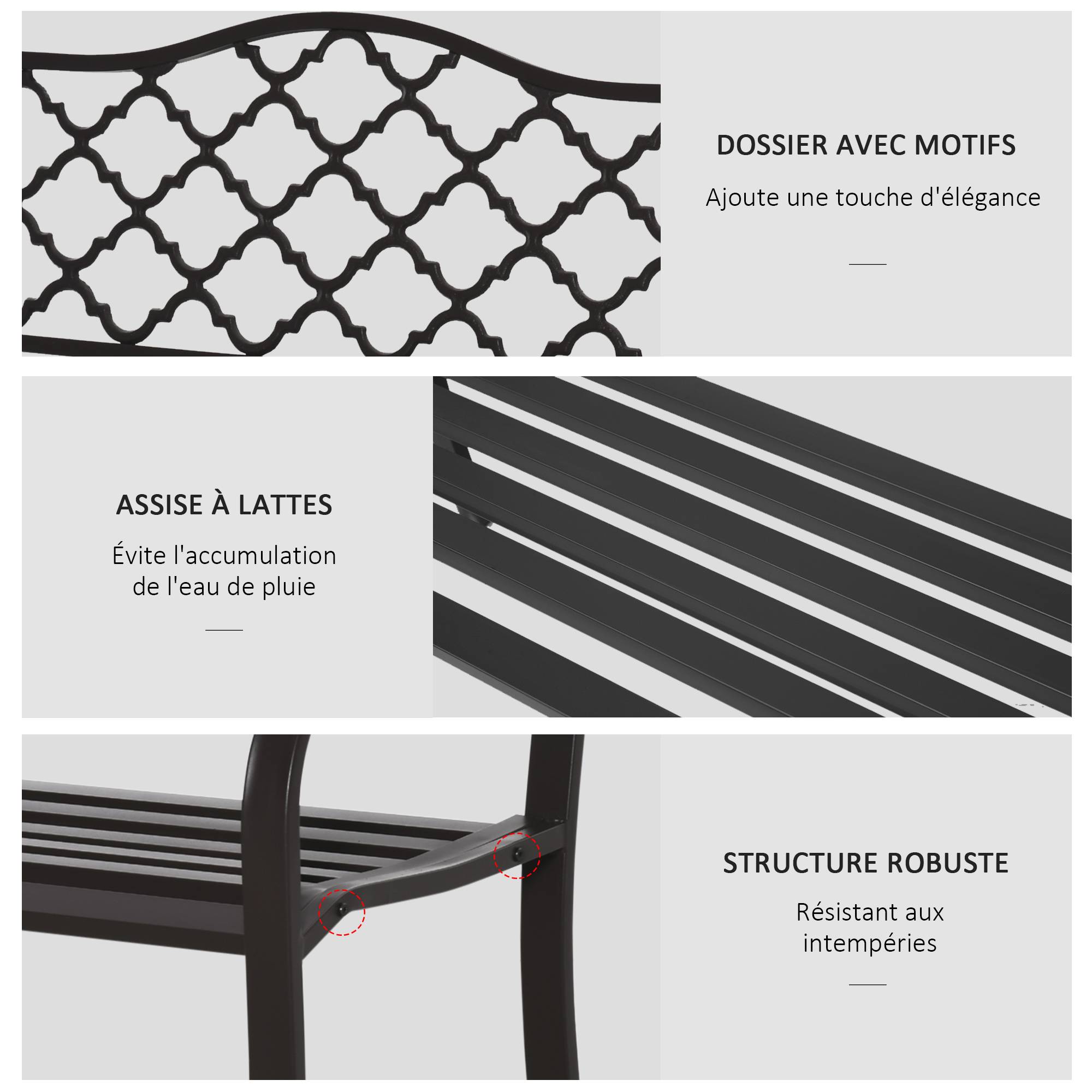Banc 3 Places de Jardin terrasse Style Rural Chic 128L x 60l x 89H cm métal époxy anticorrosion Fonte Brun - Image 7