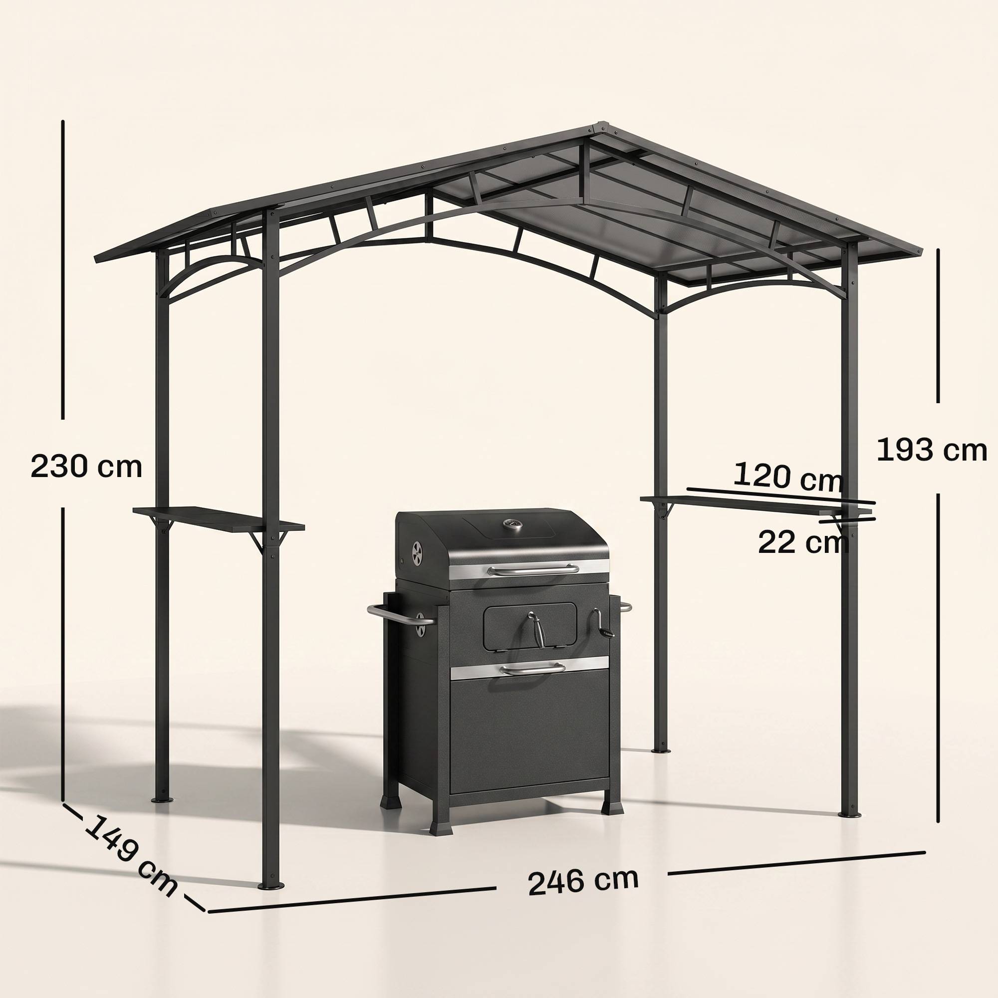 Pavillon jardin 2,5 x 1,5 m - abri barbecue - 2 étagères - toit de barbecue - métal noir toit polycarbonate - Image 5