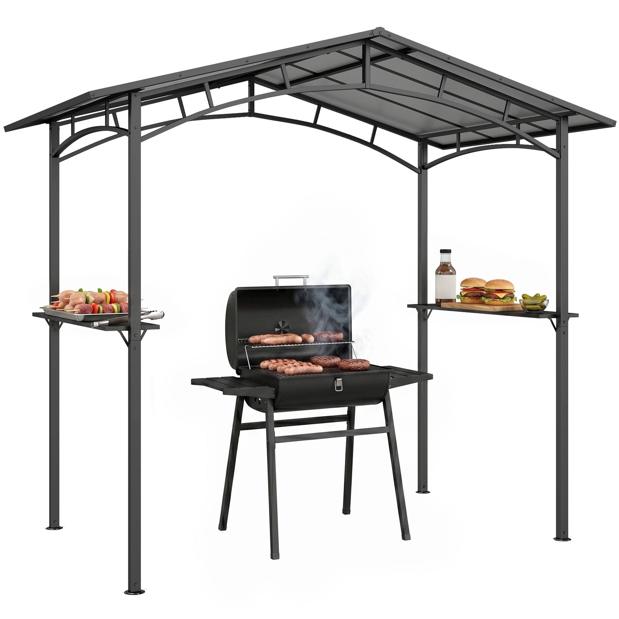 Pavillon jardin 2,5 x 1,5 m - abri barbecue - 2 étagères - toit de barbecue - métal noir toit polycarbonate
