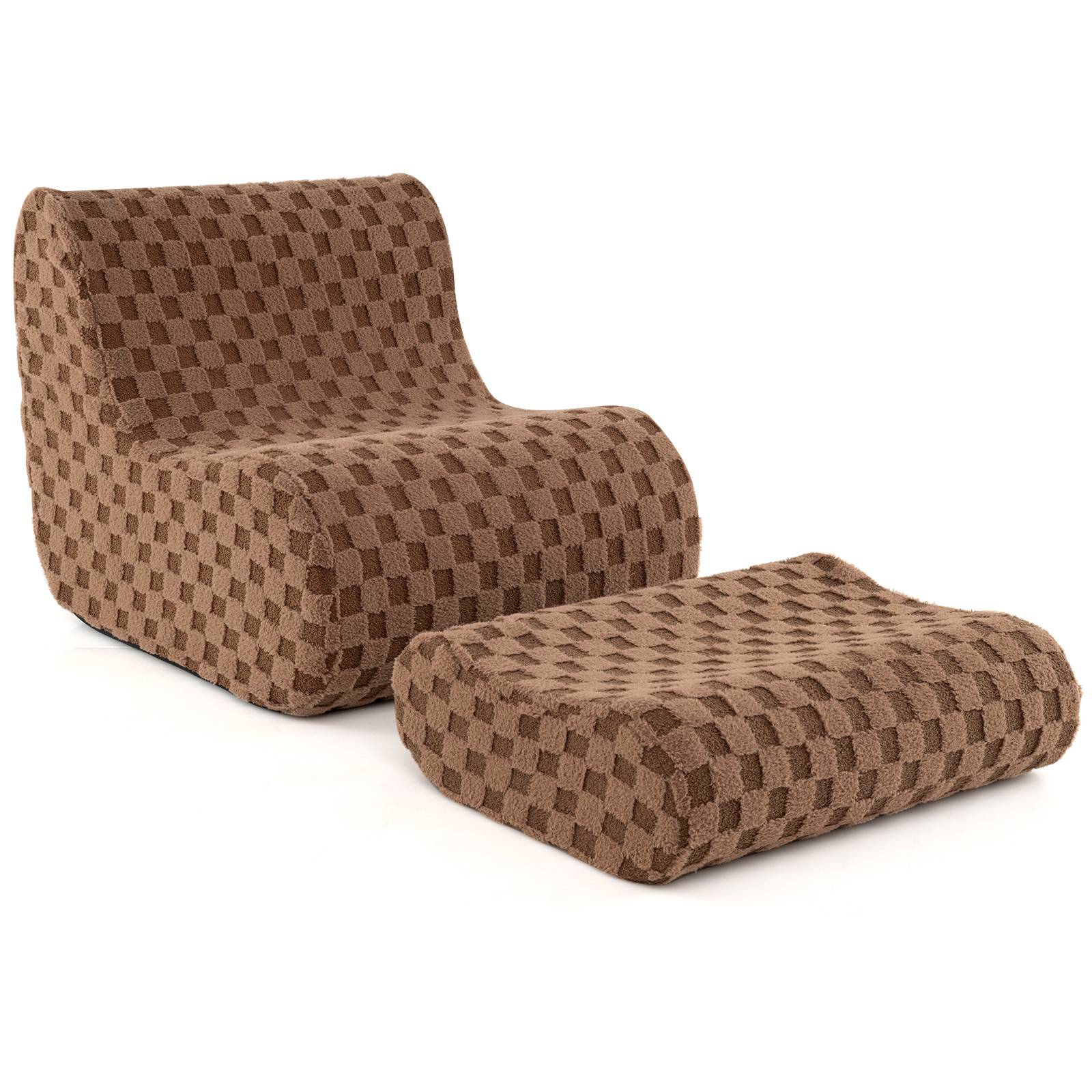 Fauteuil Pouf avec Ottoman, avec Éponge à Haute Élasticité, Fond Antidérapant & Housse en Velours Teddy Lavable en Machine, Marron