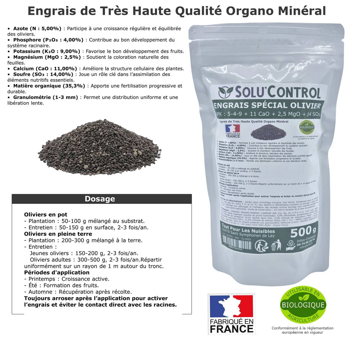 Tout pour les nuisibles - SOLU’CONTROL - ENGRAIS Spécial OLIVIER 500 g - Formulation haute qualité Organo-Minerale - NPK 5-4-9 - Utilisable en Agriculture BIOLOGIQUE - Image 2