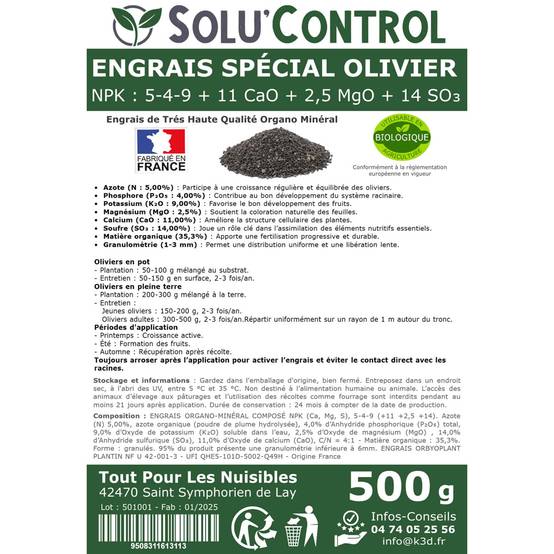 Tout pour les nuisibles - SOLU’CONTROL - ENGRAIS Spécial OLIVIER 500 g - Formulation haute qualité Organo-Minerale - NPK 5-4-9 - Utilisable en Agriculture BIOLOGIQUE - Image 3