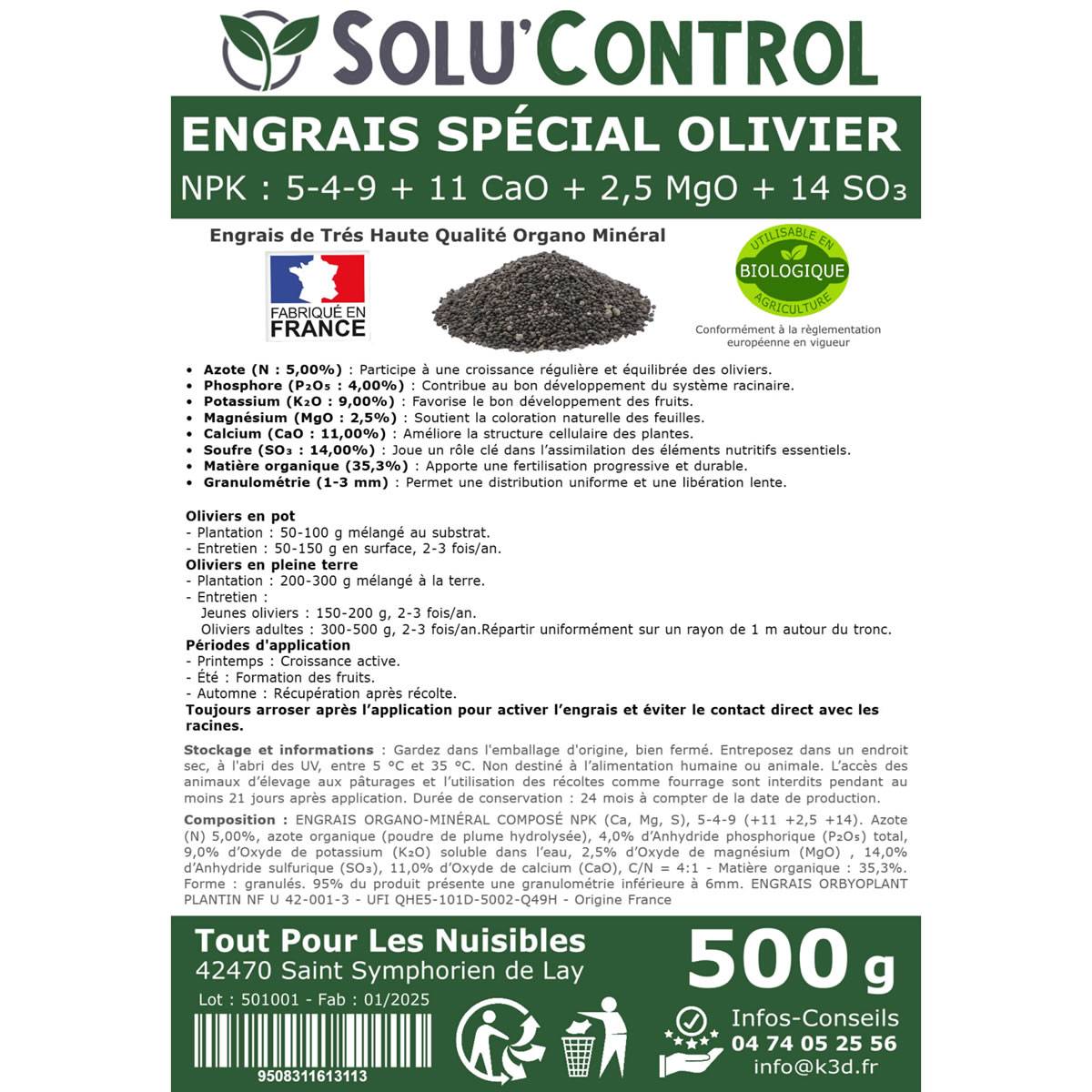 Tout pour les nuisibles - SOLU’CONTROL - ENGRAIS Spécial OLIVIER 500 g - Formulation haute qualité Organo-Minerale - NPK 5-4-9 - Utilisable en Agriculture BIOLOGIQUE - Image 3