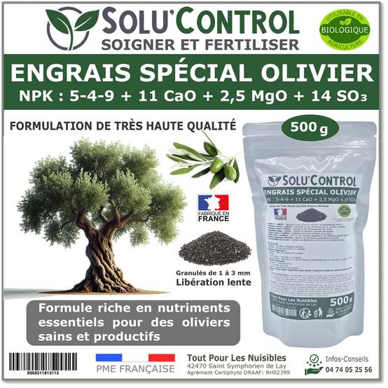 Tout pour les nuisibles - SOLU’CONTROL - ENGRAIS Spécial OLIVIER 500 g - Formulation haute qualité Organo-Minerale - NPK 5-4-9 - Utilisable en Agriculture BIOLOGIQUE - Image 1