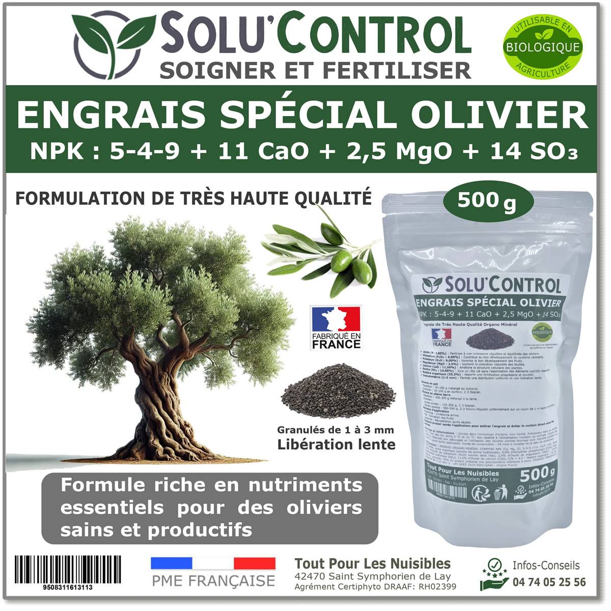 Tout pour les nuisibles - SOLU’CONTROL - ENGRAIS Spécial OLIVIER 500 g - Formulation haute qualité Organo-Minerale - NPK 5-4-9 - Utilisable en Agriculture BIOLOGIQUE - Image 1