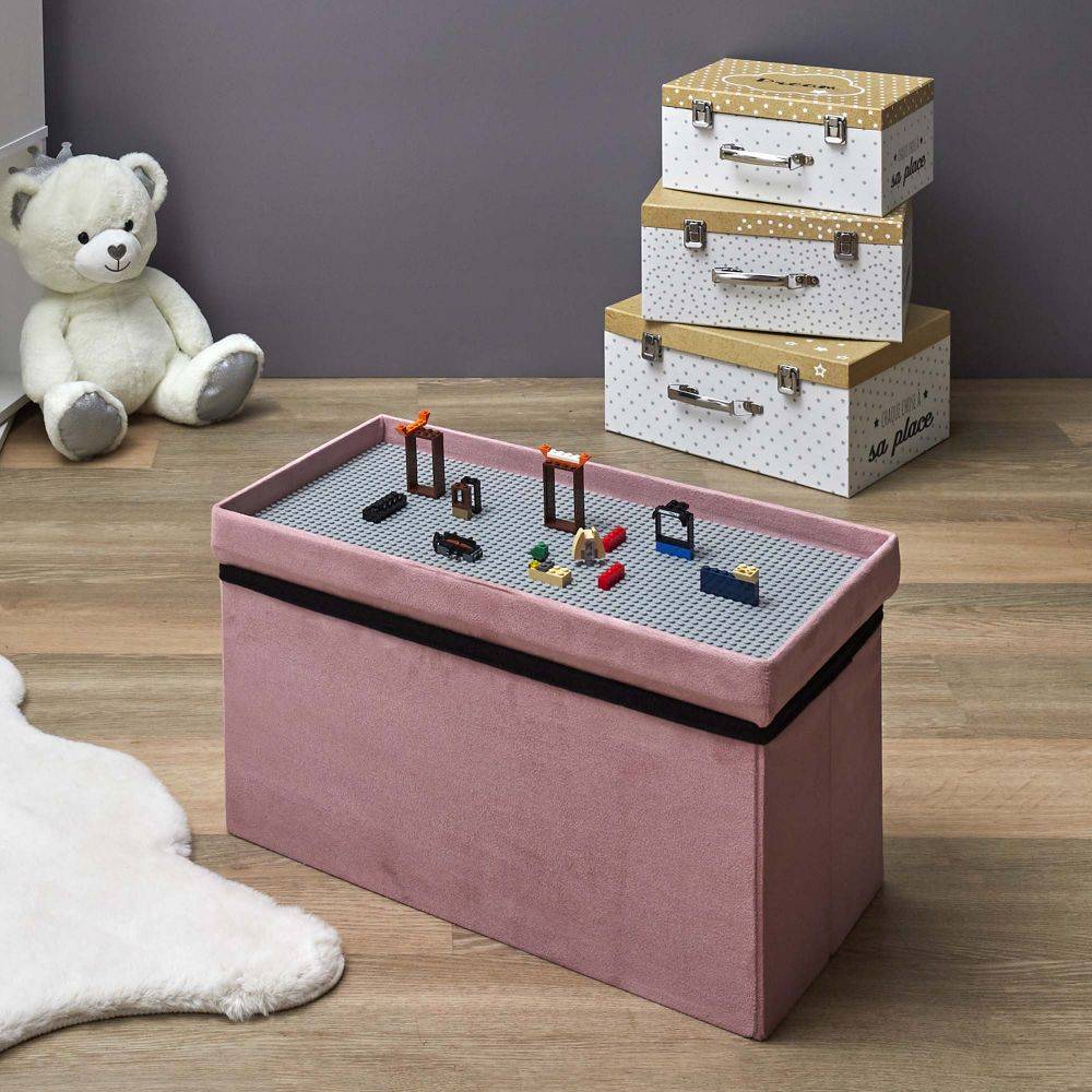 The Home Deco Kids - Banc coffre pliable en velours couvercle compatible briques de construction Rose - Image 2