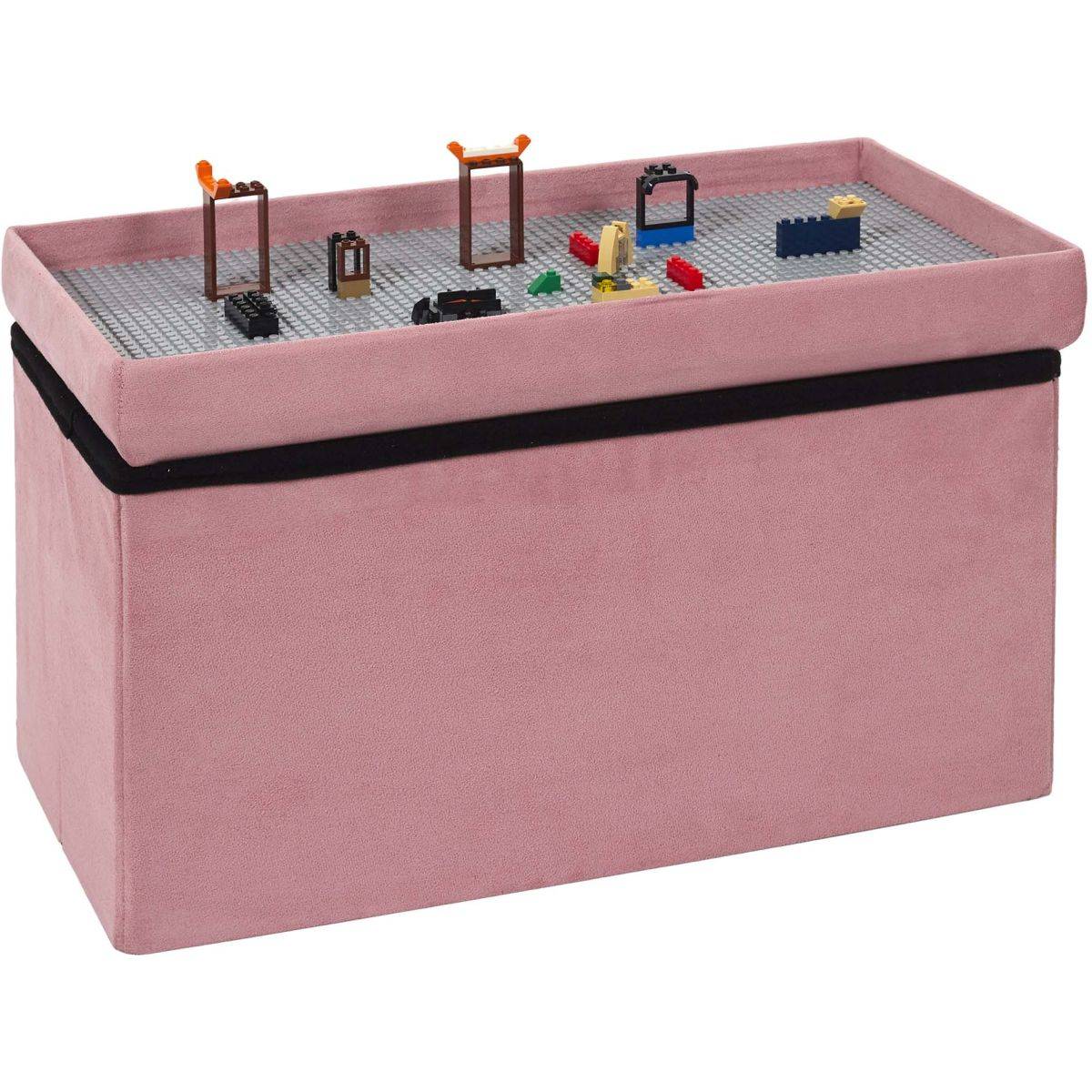 The Home Deco Kids - Banc coffre pliable en velours couvercle compatible briques de construction Rose - Image 1