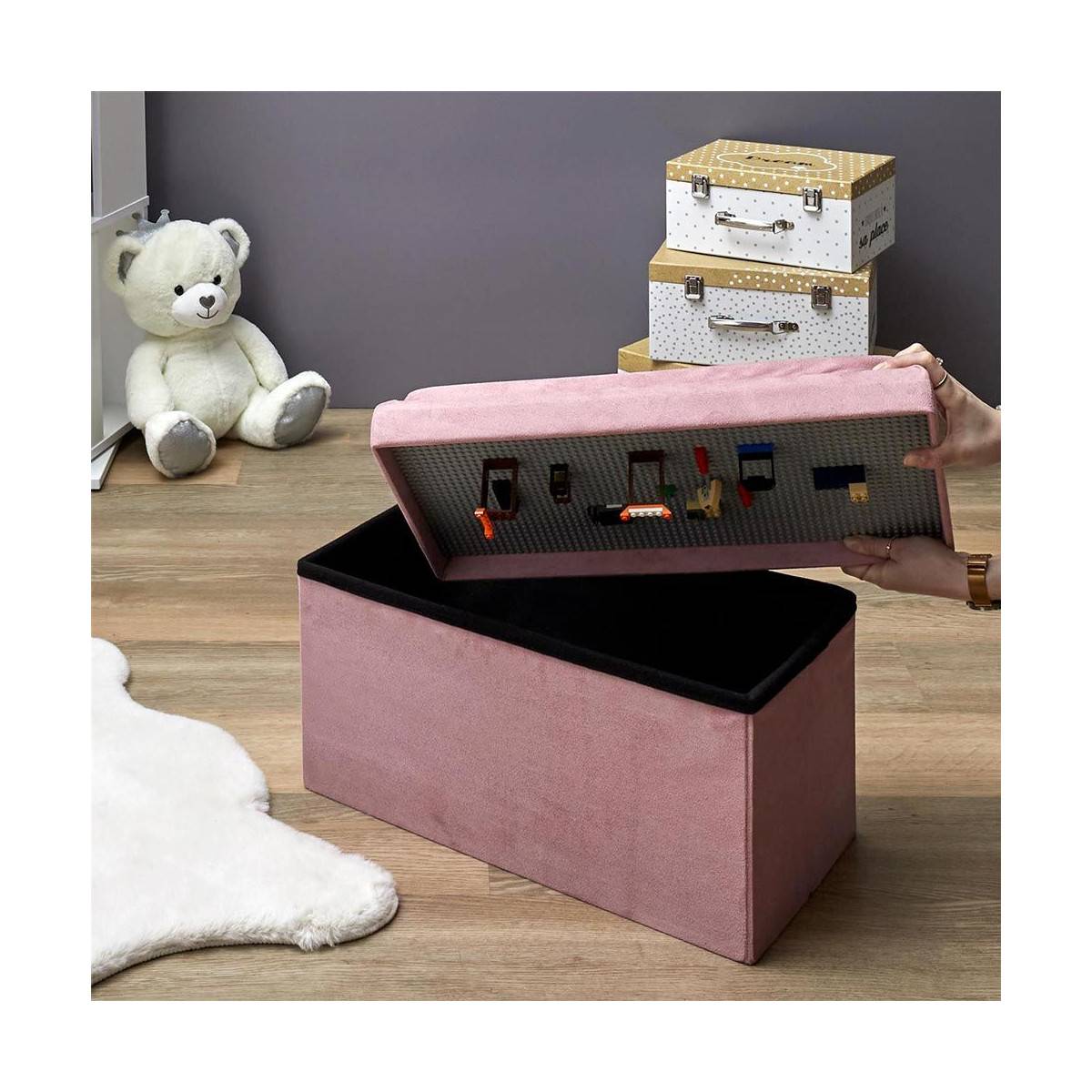 The Home Deco Kids - Banc coffre pliable en velours couvercle compatible briques de construction Rose - Image 10