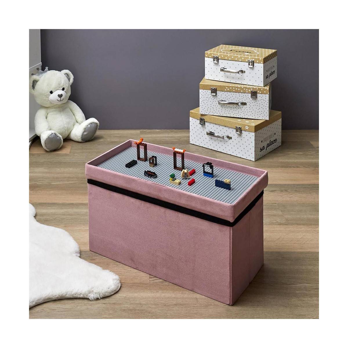 The Home Deco Kids - Banc coffre pliable en velours couvercle compatible briques de construction Rose - Image 9
