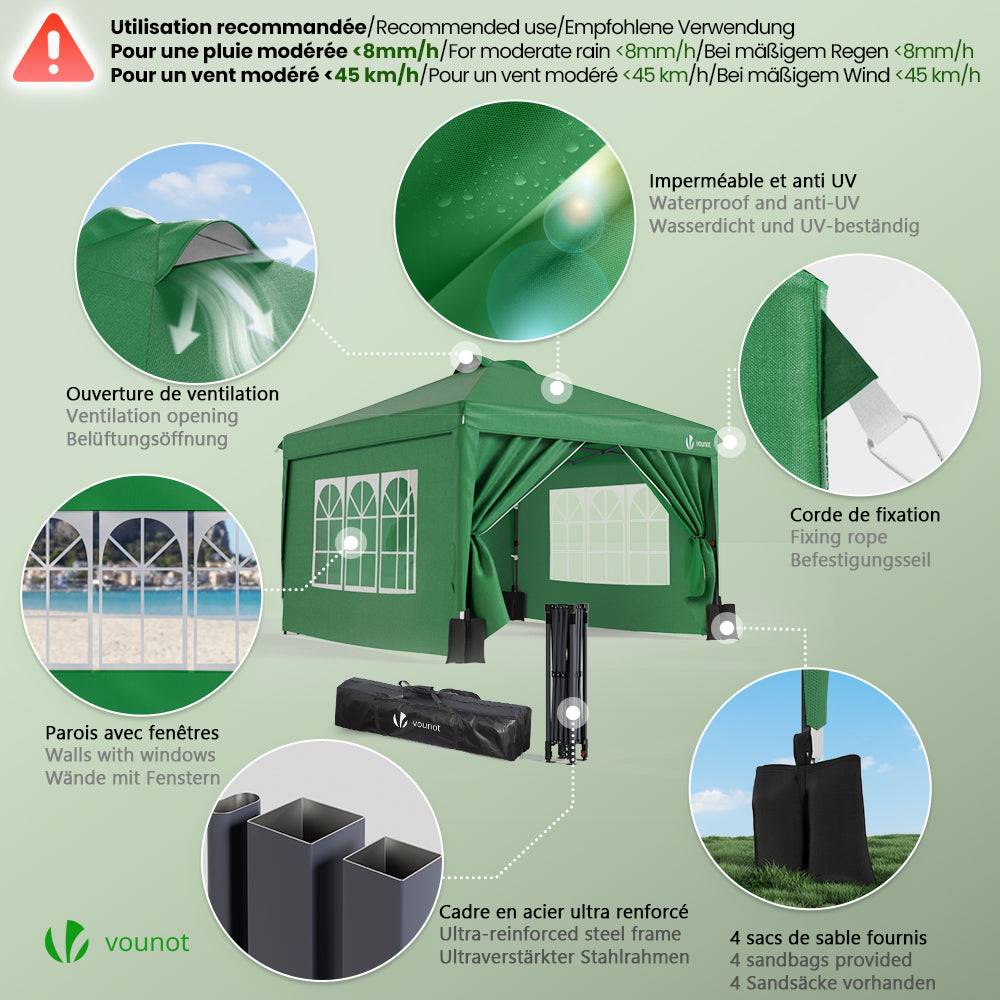Vounot - VOUNOT® Tonnelle de jardin 3x3m pliable installation facile POP UP avec portes et fenêtres - Imperméable et anti-UV - Vert - Image 5