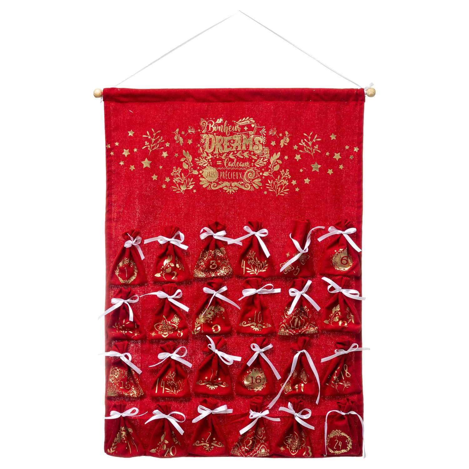 Atmosphera - Calendrier de l'avent à suspendre avec 24 pochons - H. 65 cm - Rouge - Atmosphera