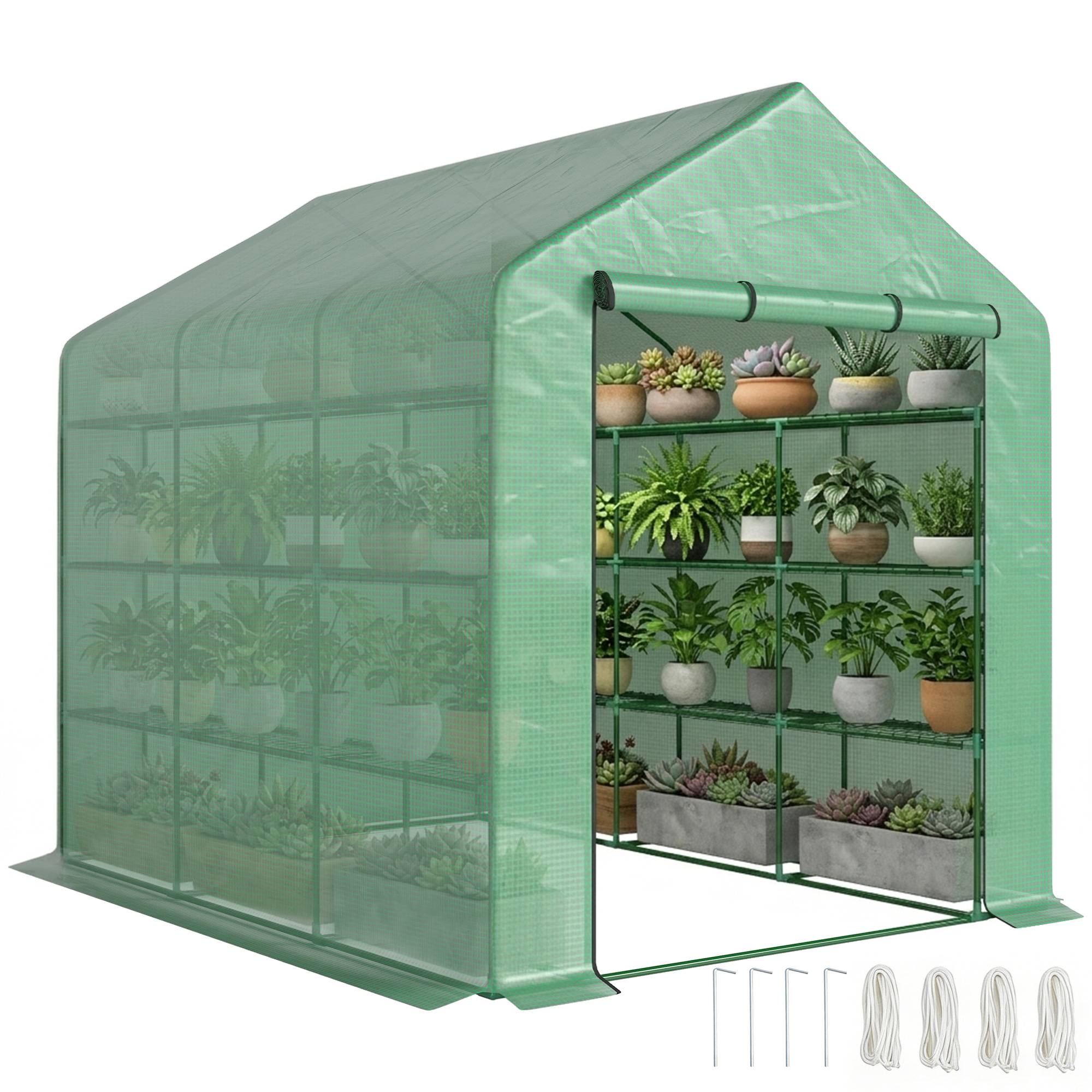 Serre de jardin serre d'hivernage avec étagères 3 niveaux porte enroulable tube en acier 244 x 180 x 210 cm vert