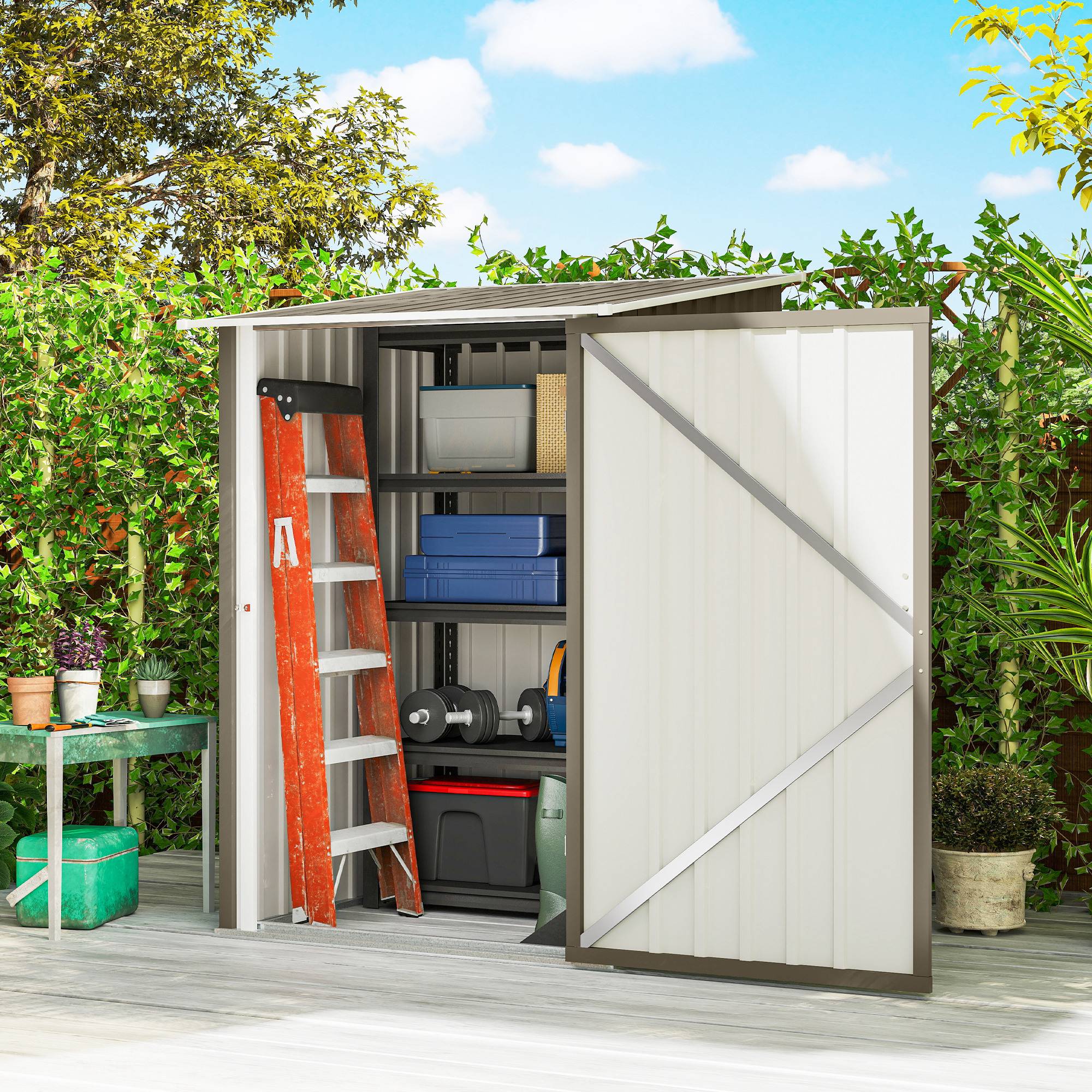 Abri jardin acier galvanisé 100x104x160 cm avec porte verrouillable cabanon rangement outils marron blanc - Image 3