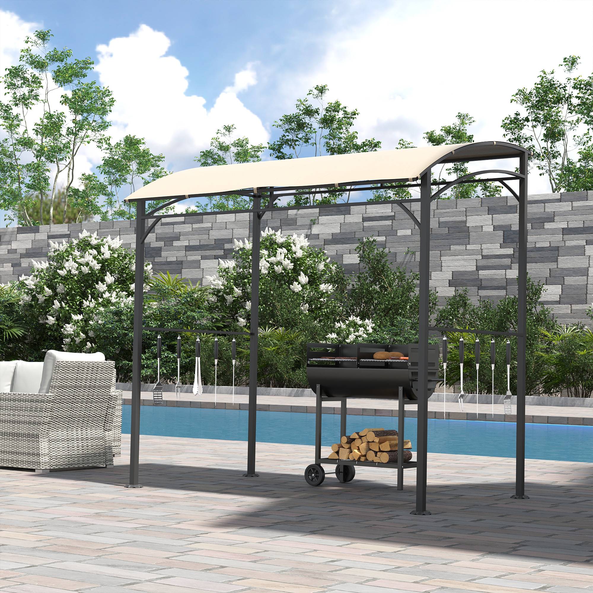 Pavillon barbecue 215x150x220 cm beige polyester et acier anti-UV avec crochets pour jardin - Image 2