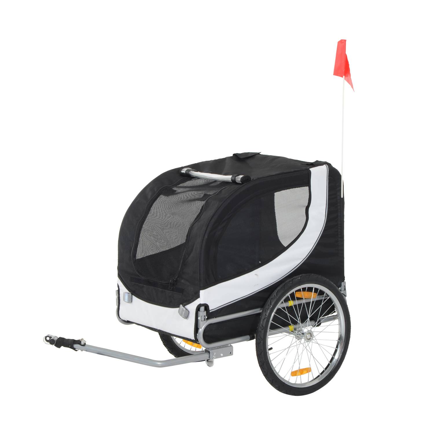 Remorque velo pour chien animaux avec drapeau et 8 reflecteurs blanc et noir - Image 1