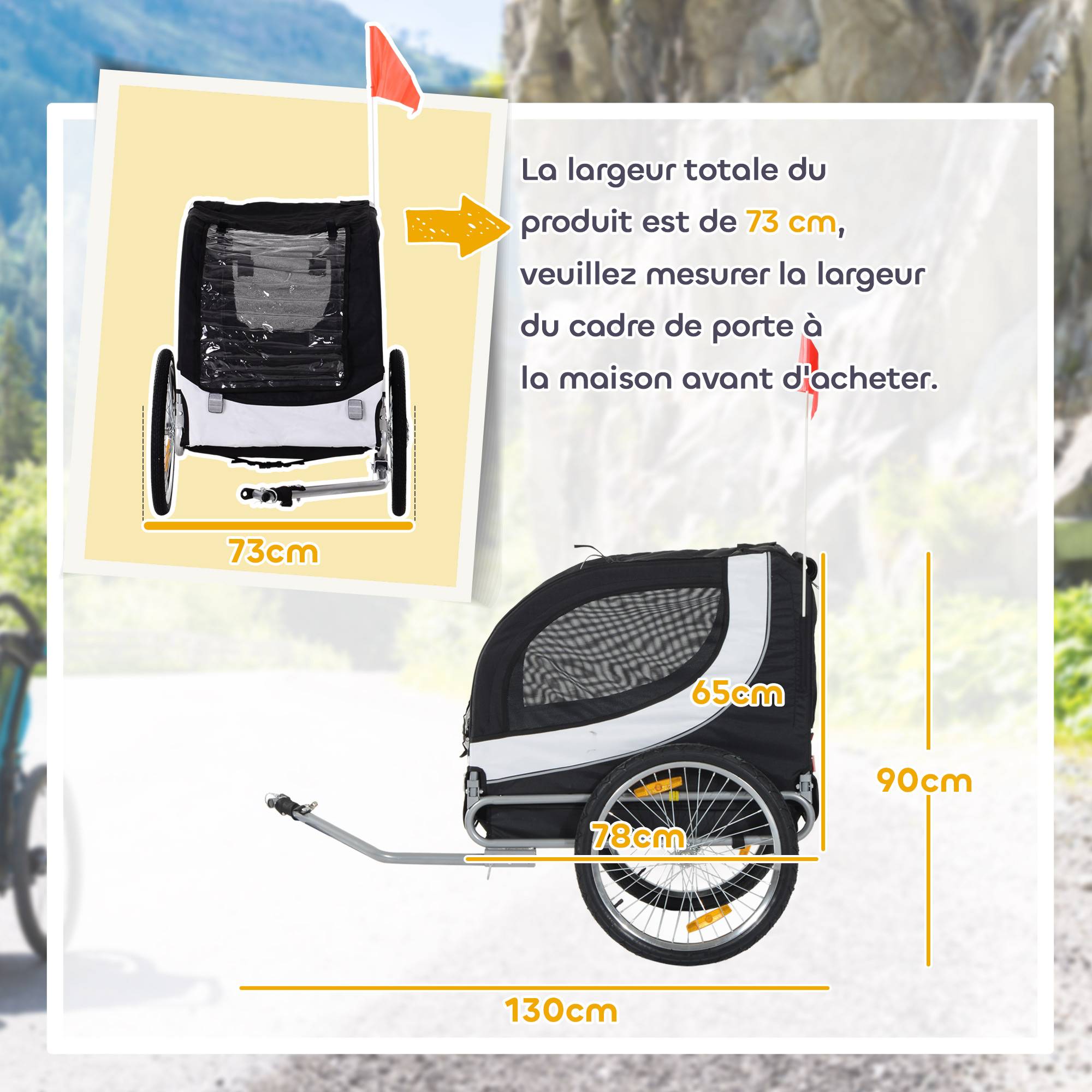 Remorque velo pour chien animaux avec drapeau et 8 reflecteurs blanc et noir - Image 5
