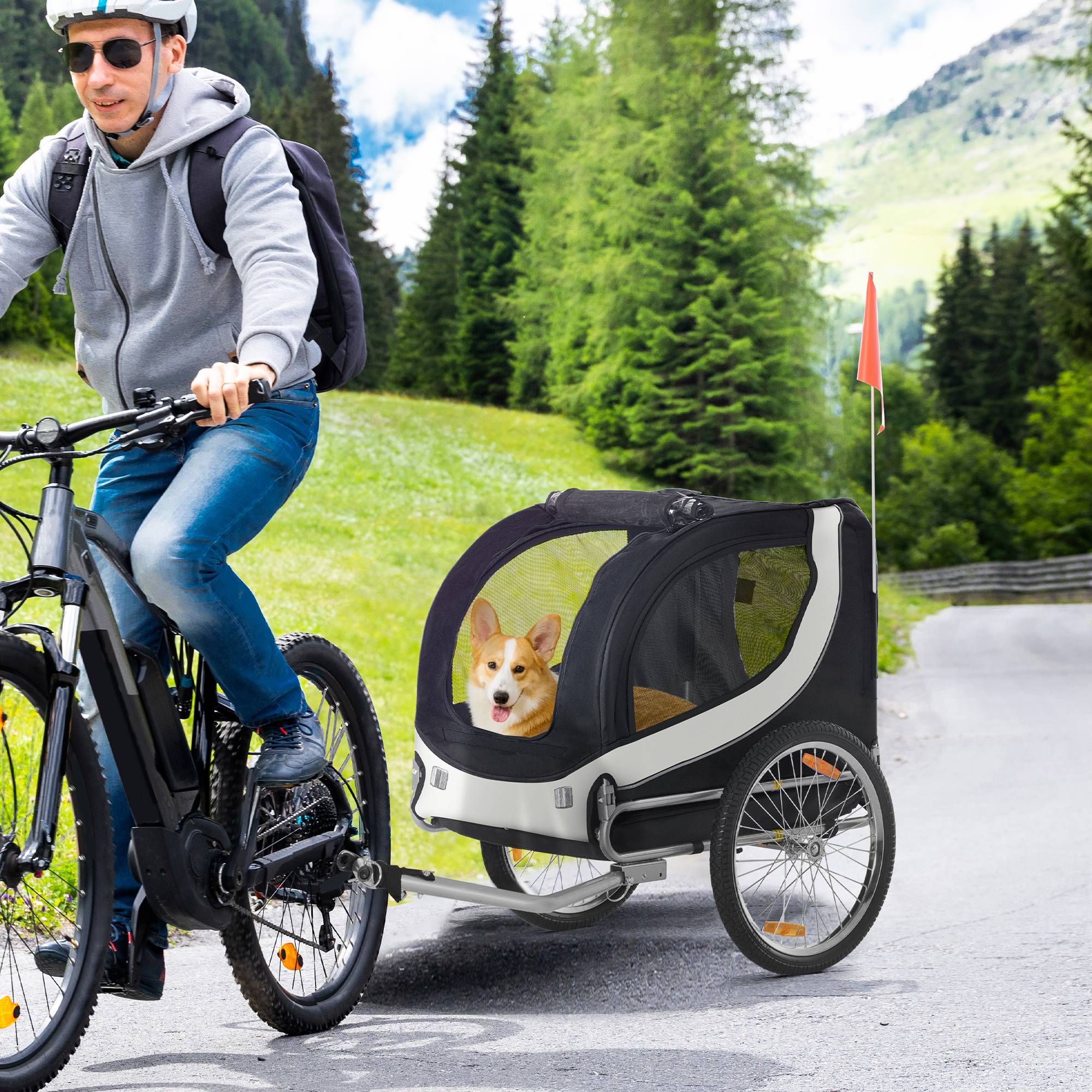 Remorque velo pour chien animaux avec drapeau et 8 reflecteurs blanc et noir - Image 3